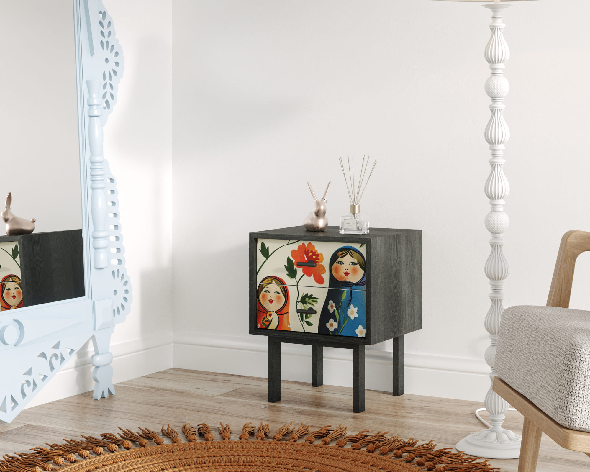 заказать Тумбочка с двумя ящиками "Emerson" Матрешки арт EM16/Art04 в Москве заказать Тумбочка с двумя ящиками "Emerson" Матрешки арт EM16/Art04