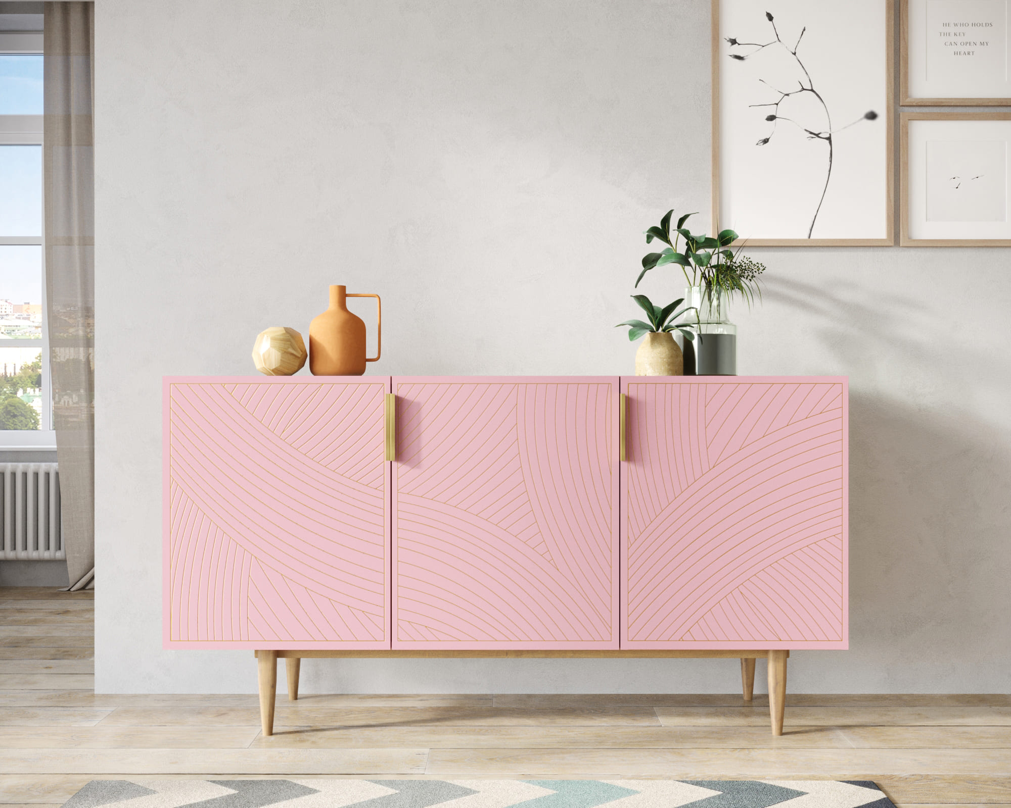 Комод с тремя дверками "Line" LN02/GR1/pink в интернет-магазине в Москве Комод с тремя дверками "Line" LN02/GR1/pink в интернет-магазине