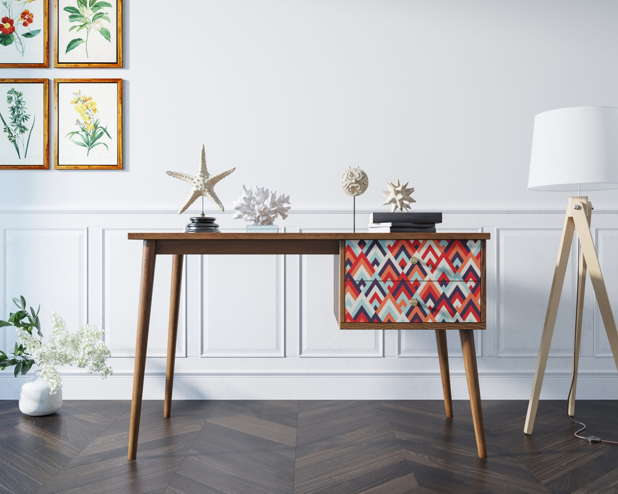 Стол рабочий "Berber" принт 2 с одной тумбой арт BB20/Print_02 в интерьере