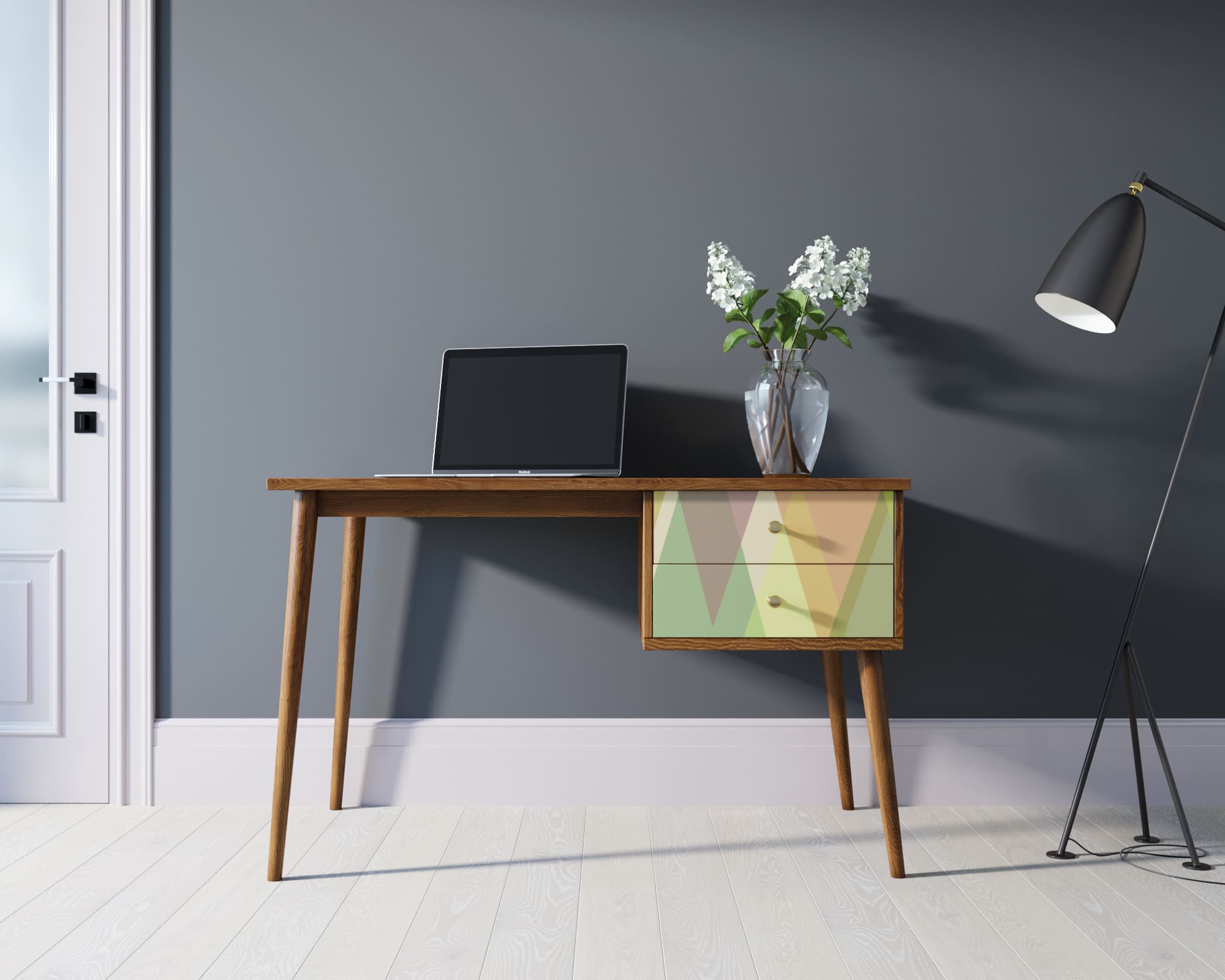 Стол рабочий "Berber" принт 16 с одной тумбой арт BB20/Print_16 в интерьере