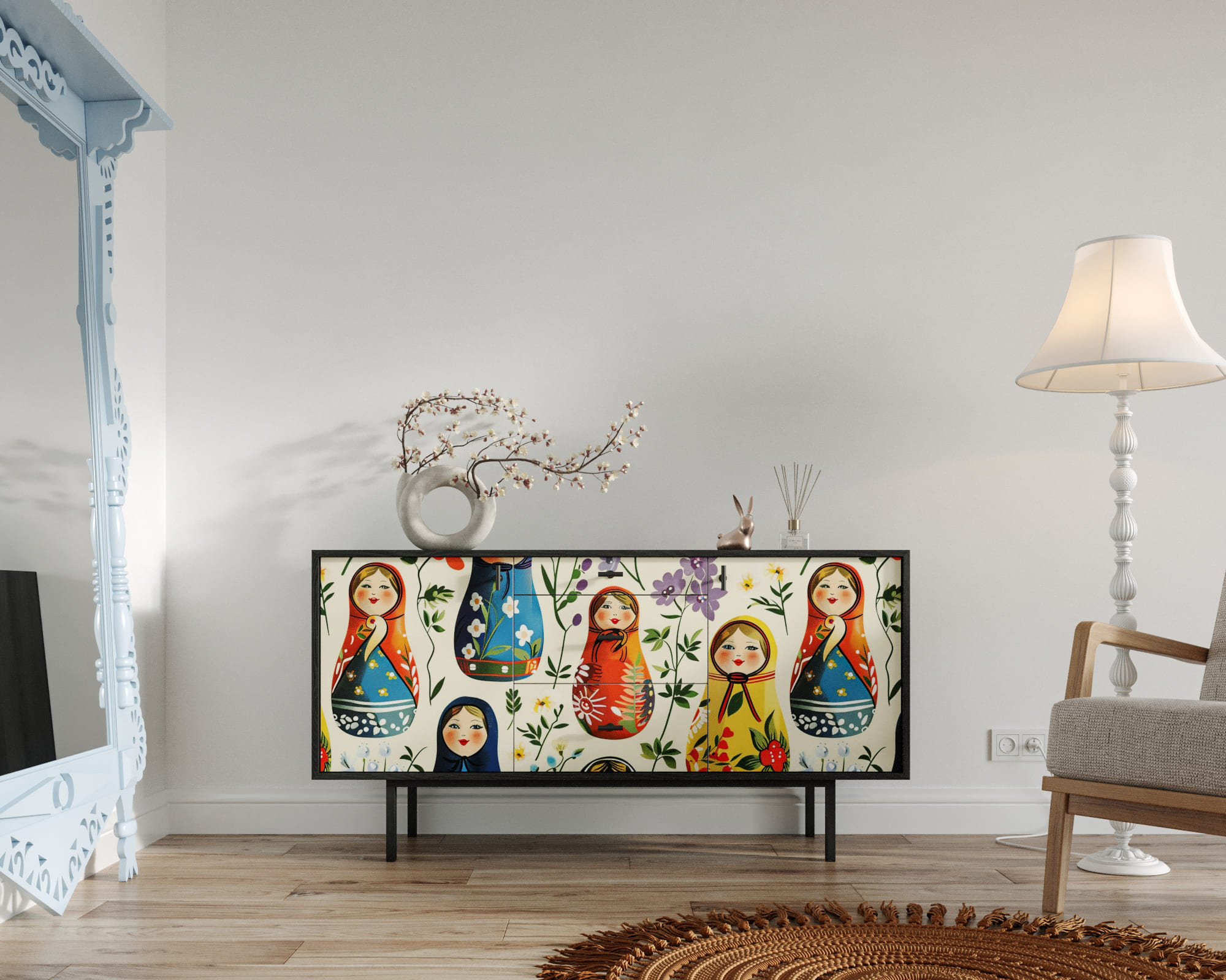 Комод две дверки и три ящика "Emerson" Матрешки арт EM08/Art04 в интернет-магазине