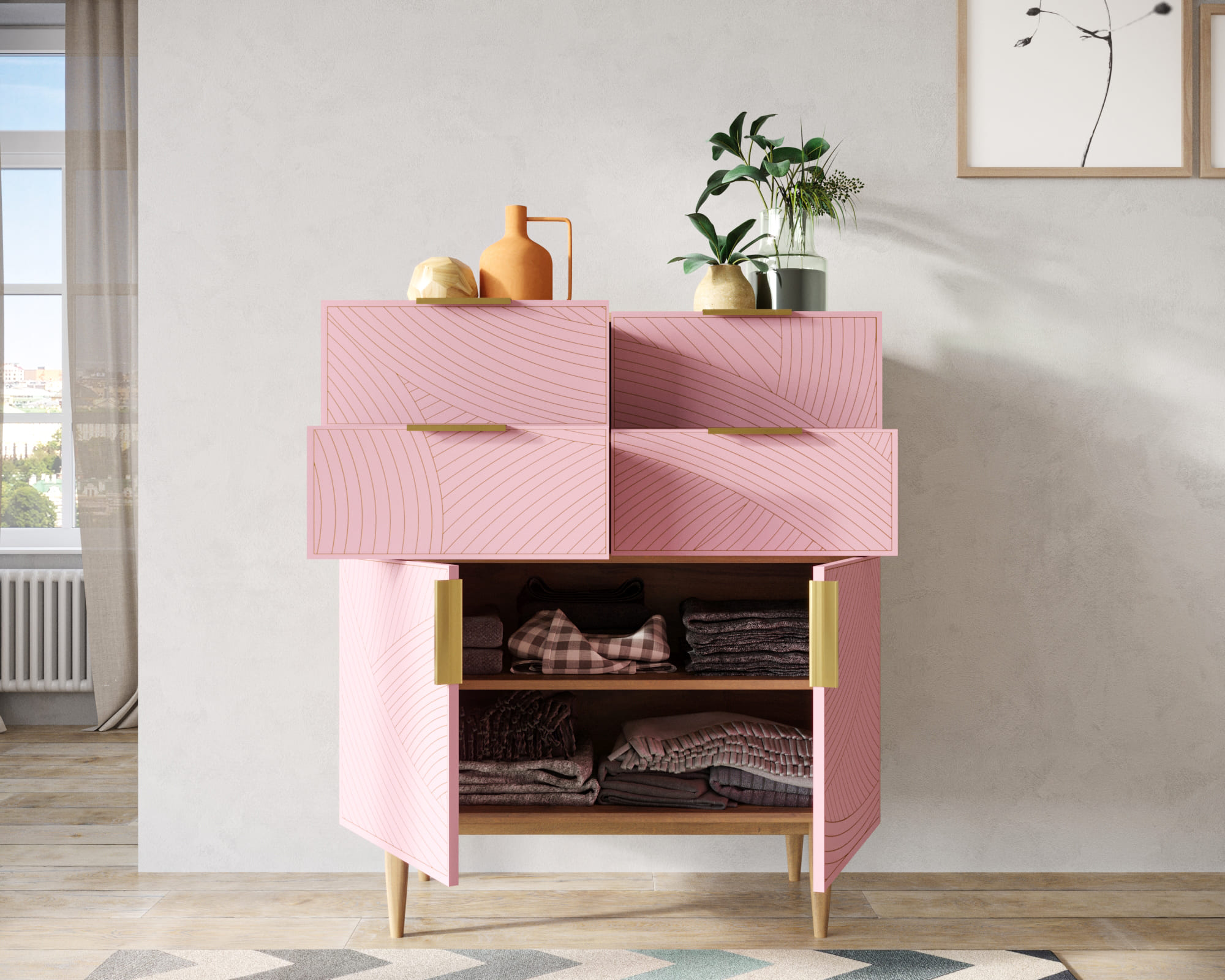 купить Большой комод с четырьмя ящиками и дверками "Line" LN17/GR1/pink