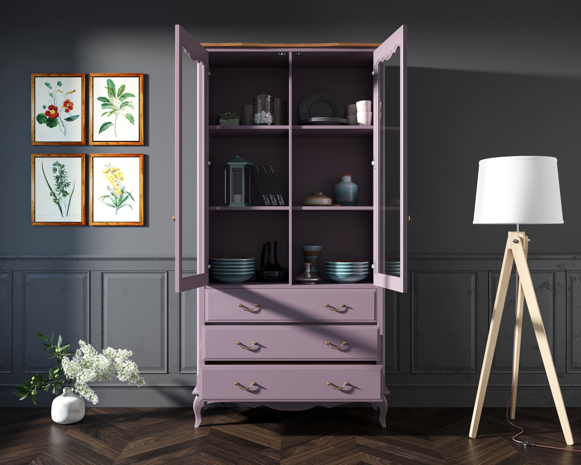 купить Шкаф "Leontina Lavanda" для посуды высокий 3 ящика арт ST9355/3L