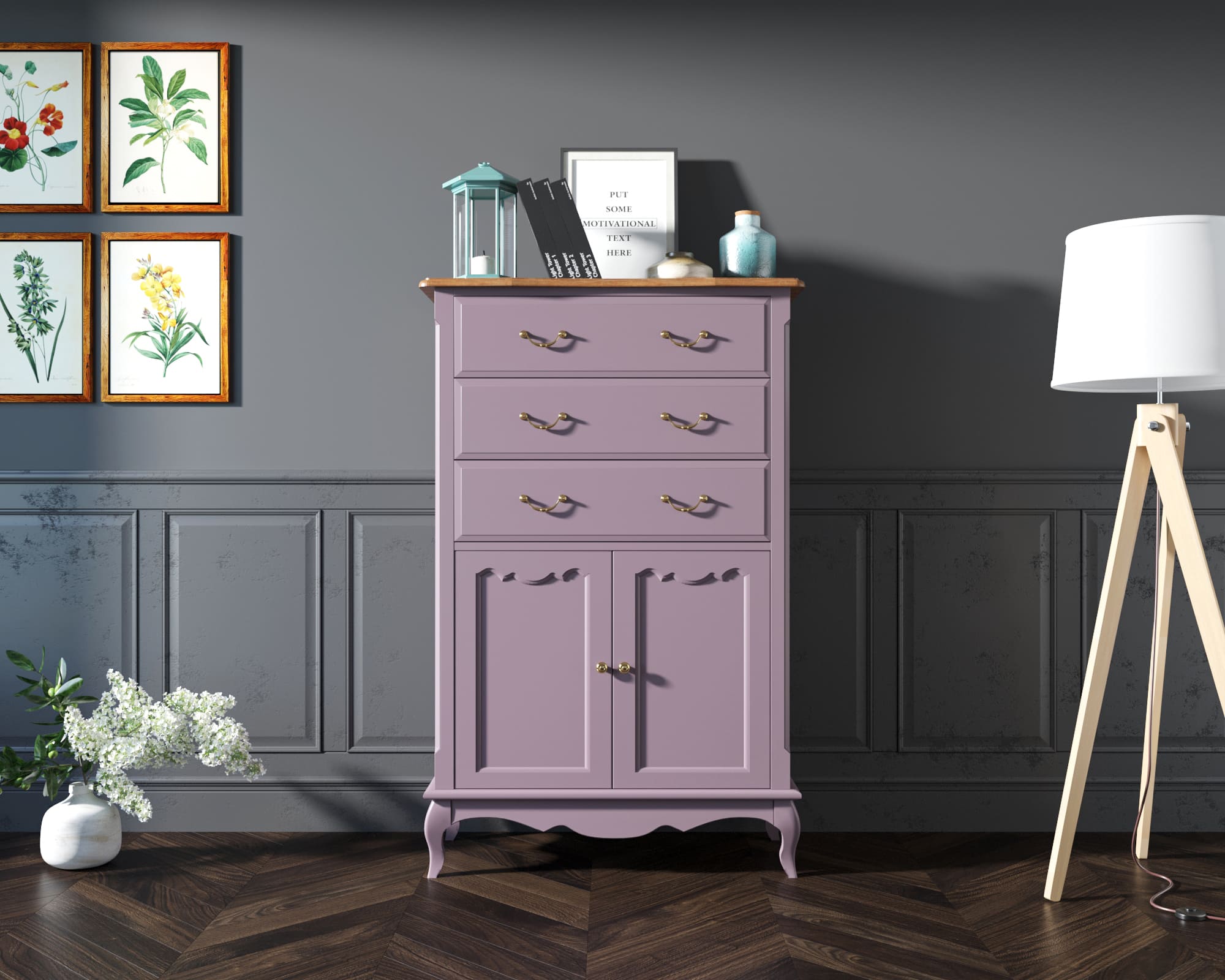 Комод Leontina Lavanda три ящика две дверки арт ST9354L в интерьере в Москве Комод Leontina Lavanda три ящика две дверки арт ST9354L в интерьере