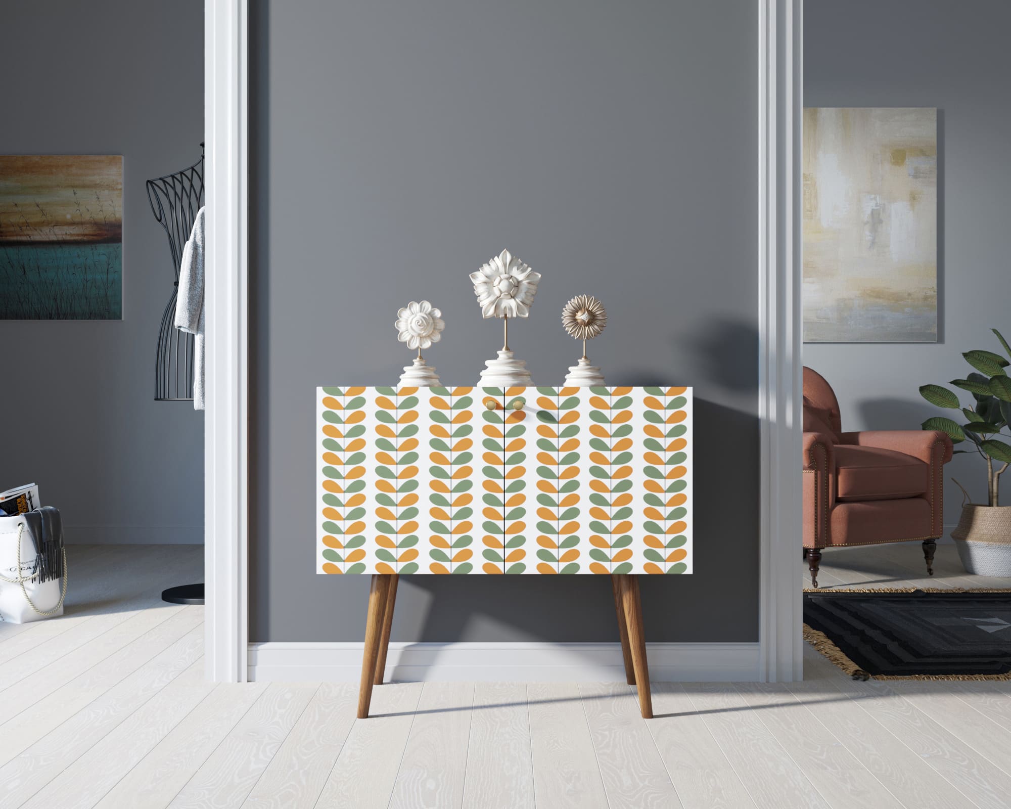 Комод на высоких ножках "Berber" малый принт 23 арт BB13/Print_23 в интерьере