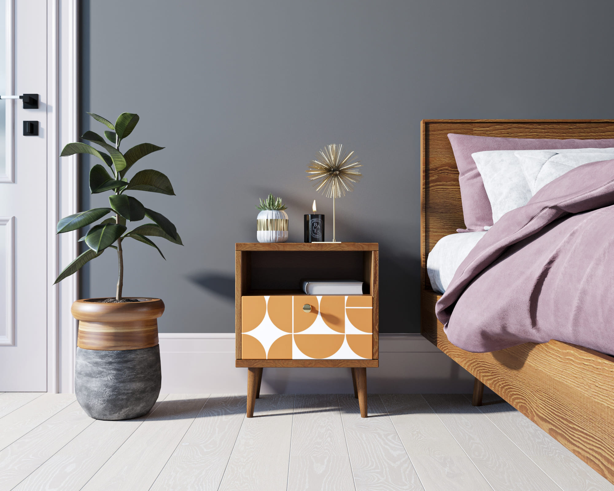 Тумбочка "Berber" с одним ящиком 14 принт арт BB06/Print_14, разноцветная в интерьере