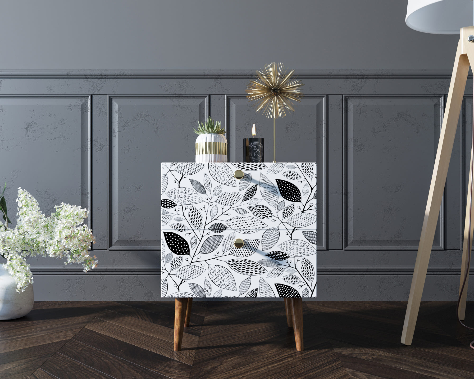 Тумбочка "Berber" с двумя ящиками 9 принт арт BB03/Print_09, разноцветная в интерьере