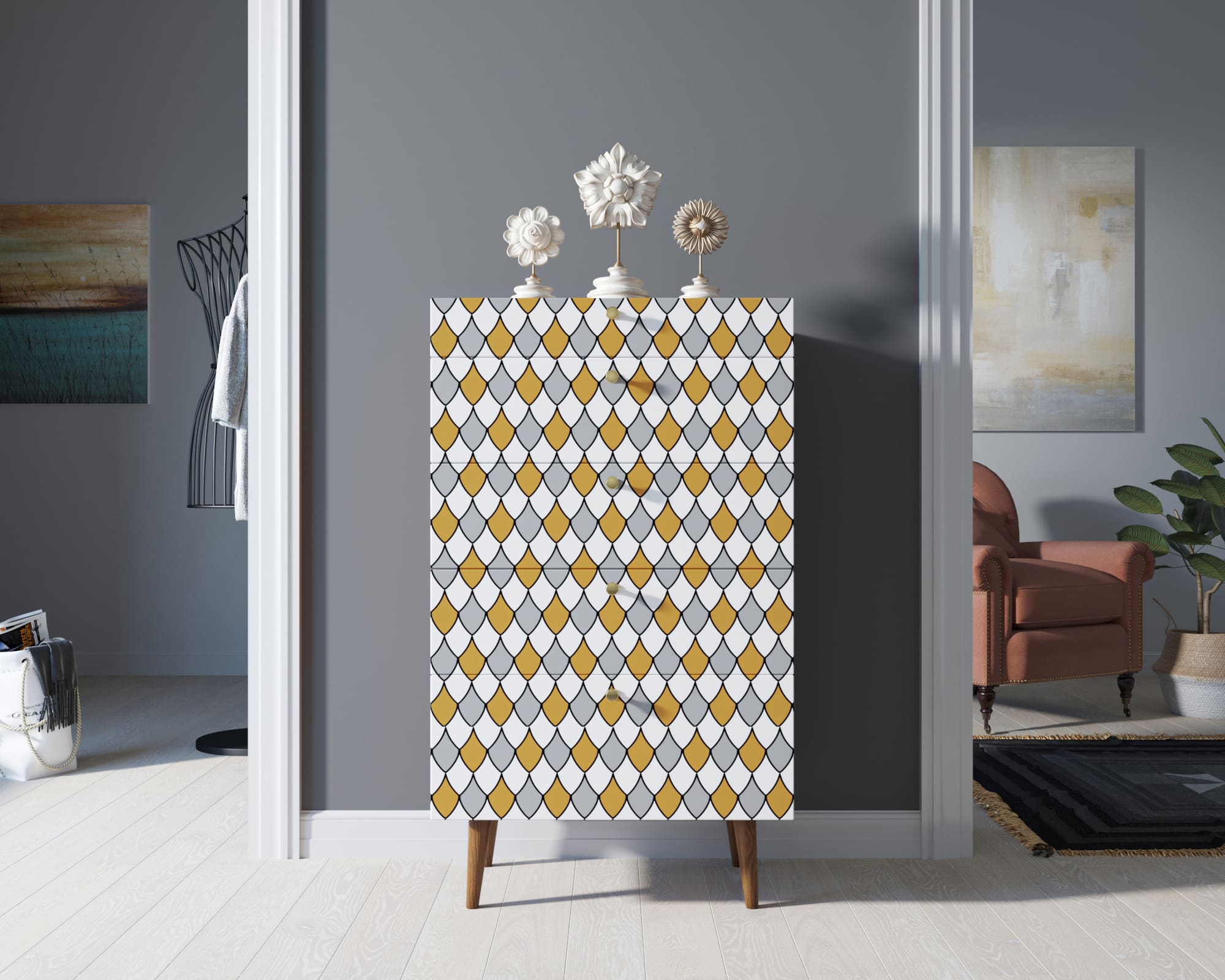 Комод высокий "Berber" принт 22 арт BB10/Print_22 в интерьере