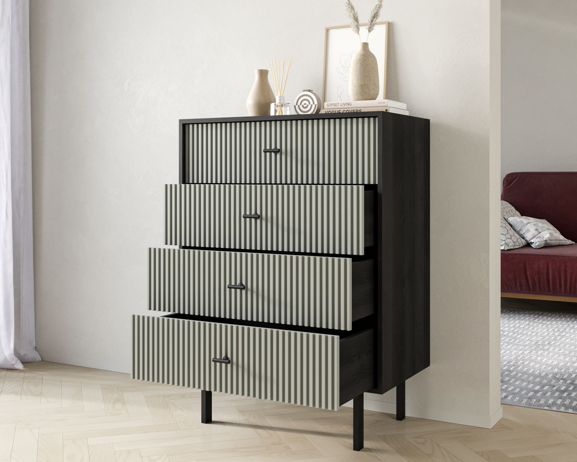 купить Комод вертикальный с четырьмя ящиками "Emerson" арт EM18/gray/L в Москве купить Комод вертикальный с четырьмя ящиками "Emerson" арт EM18/gray/L