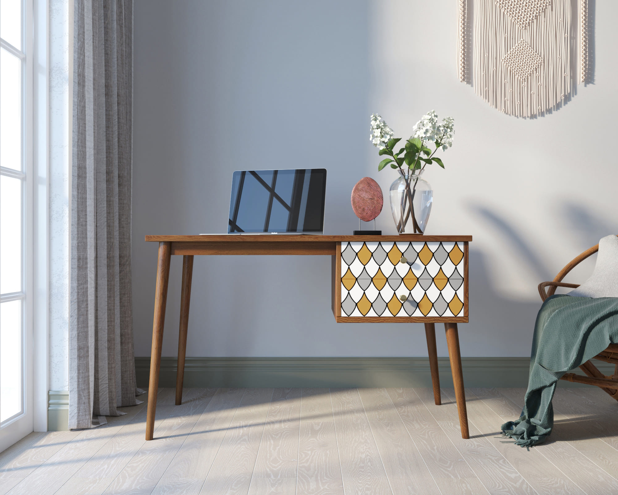 Стол рабочий "Berber" принт 22 с одной тумбой арт BB20/Print_22 в интерьере