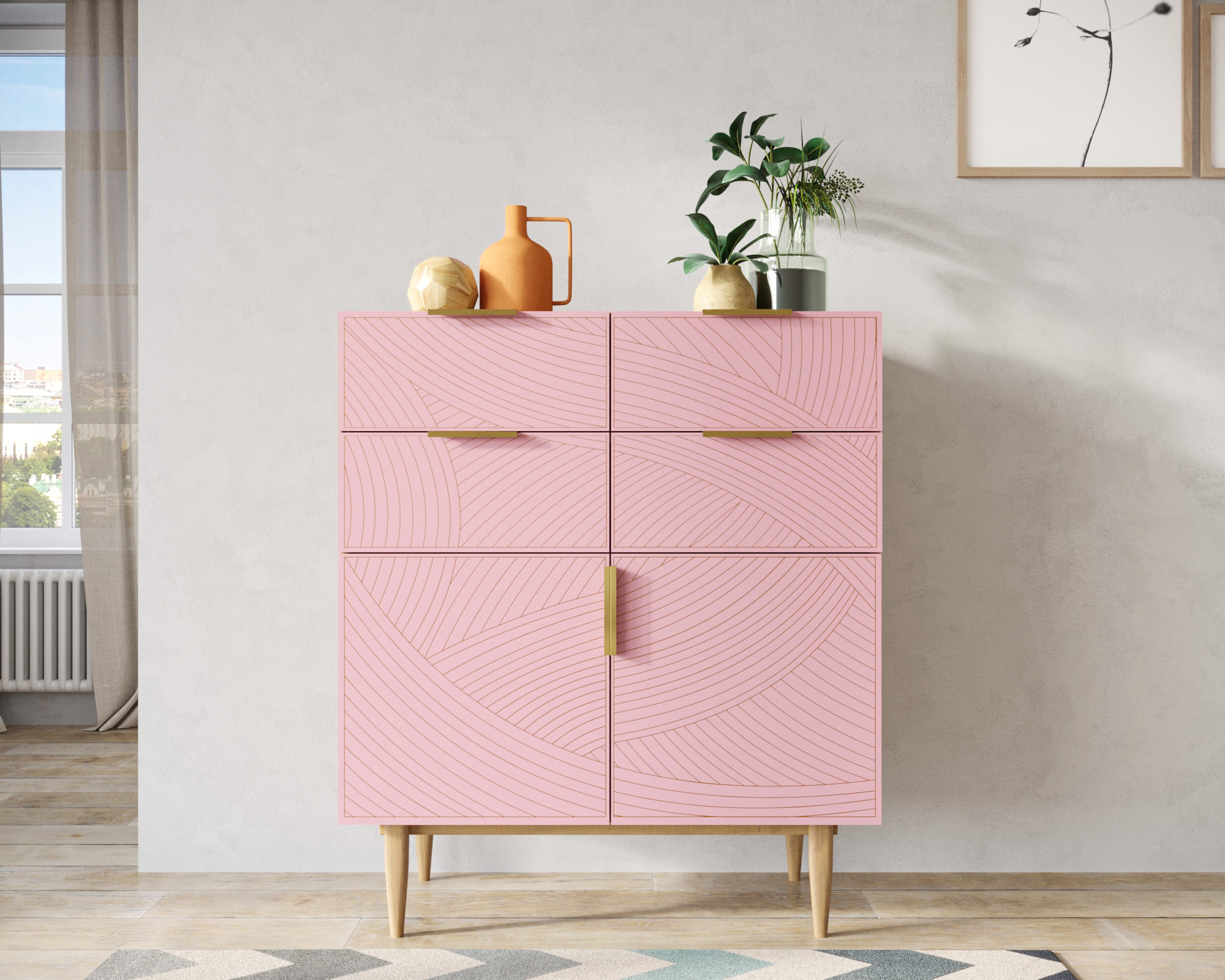 Большой комод с четырьмя ящиками и дверками "Line" LN17/GR1/pink в интернет-магазине