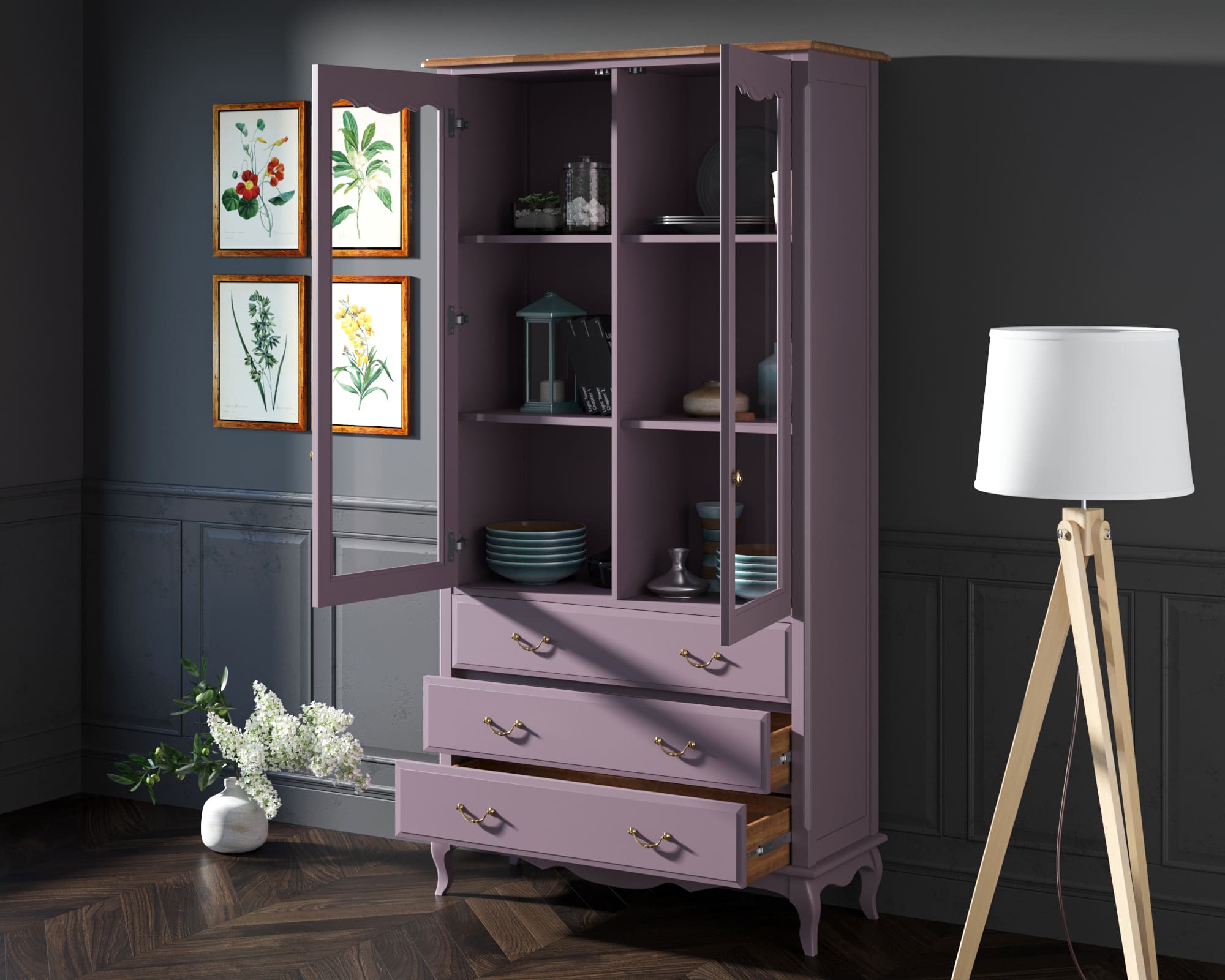 Шкаф "Leontina Lavanda" для посуды высокий 3 ящика арт ST9355/3L в интернет-магазине