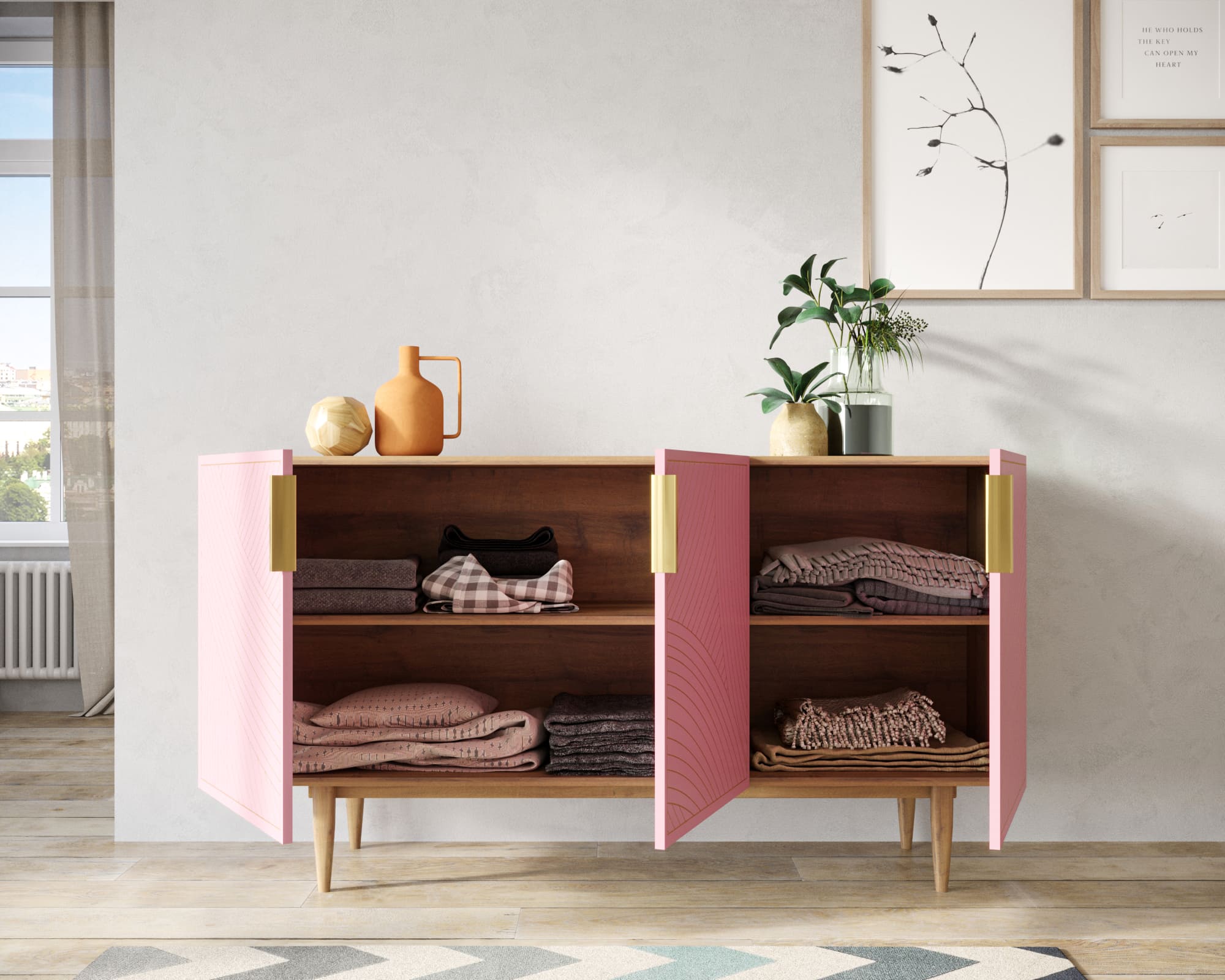 купить Комод с тремя дверками "Line" LN02/GR1/pink в Москве купить Комод с тремя дверками "Line" LN02/GR1/pink