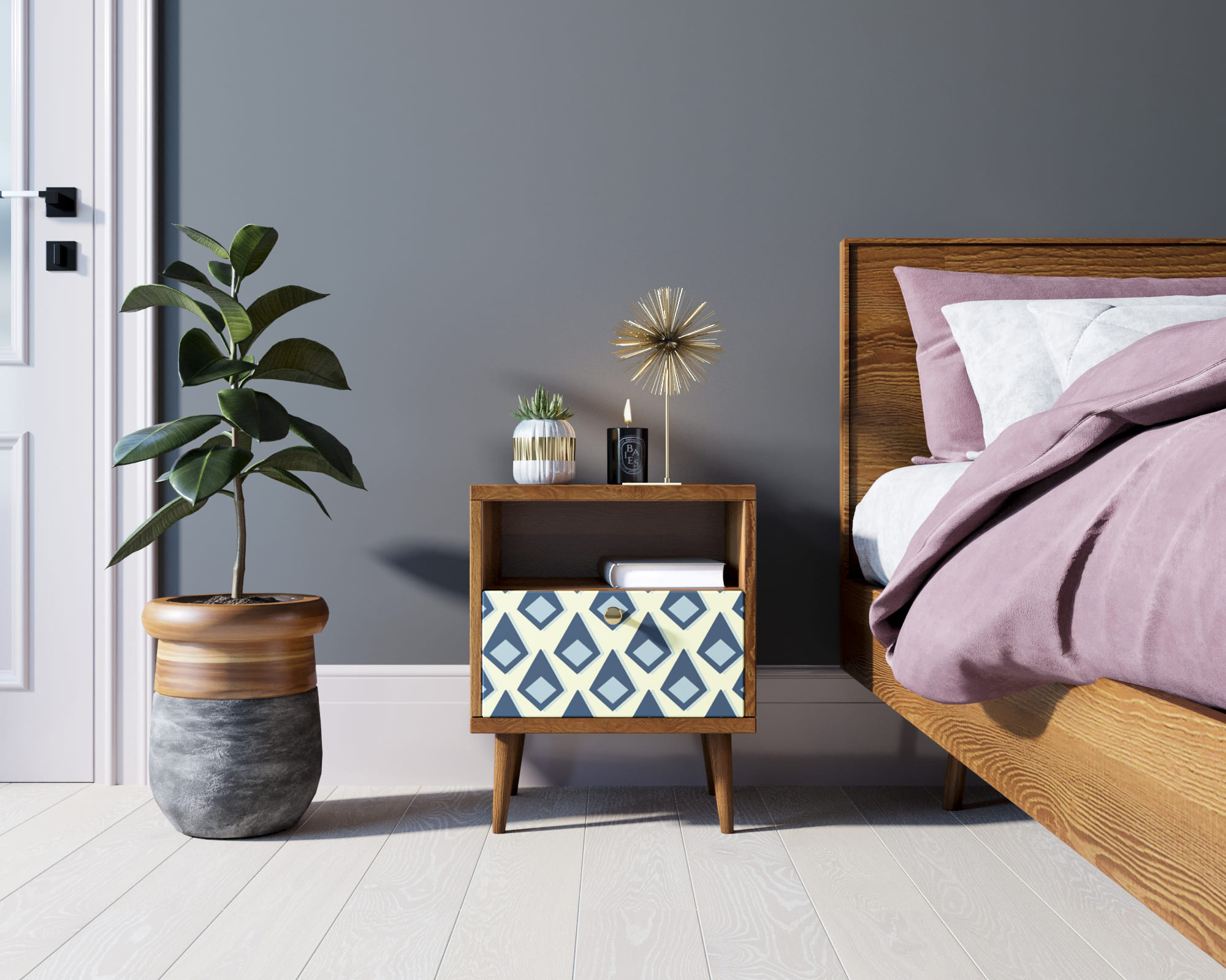 Тумбочка "Berber" с одним ящиком 13 принт арт BB06/Print_13, разноцветная в интерьере