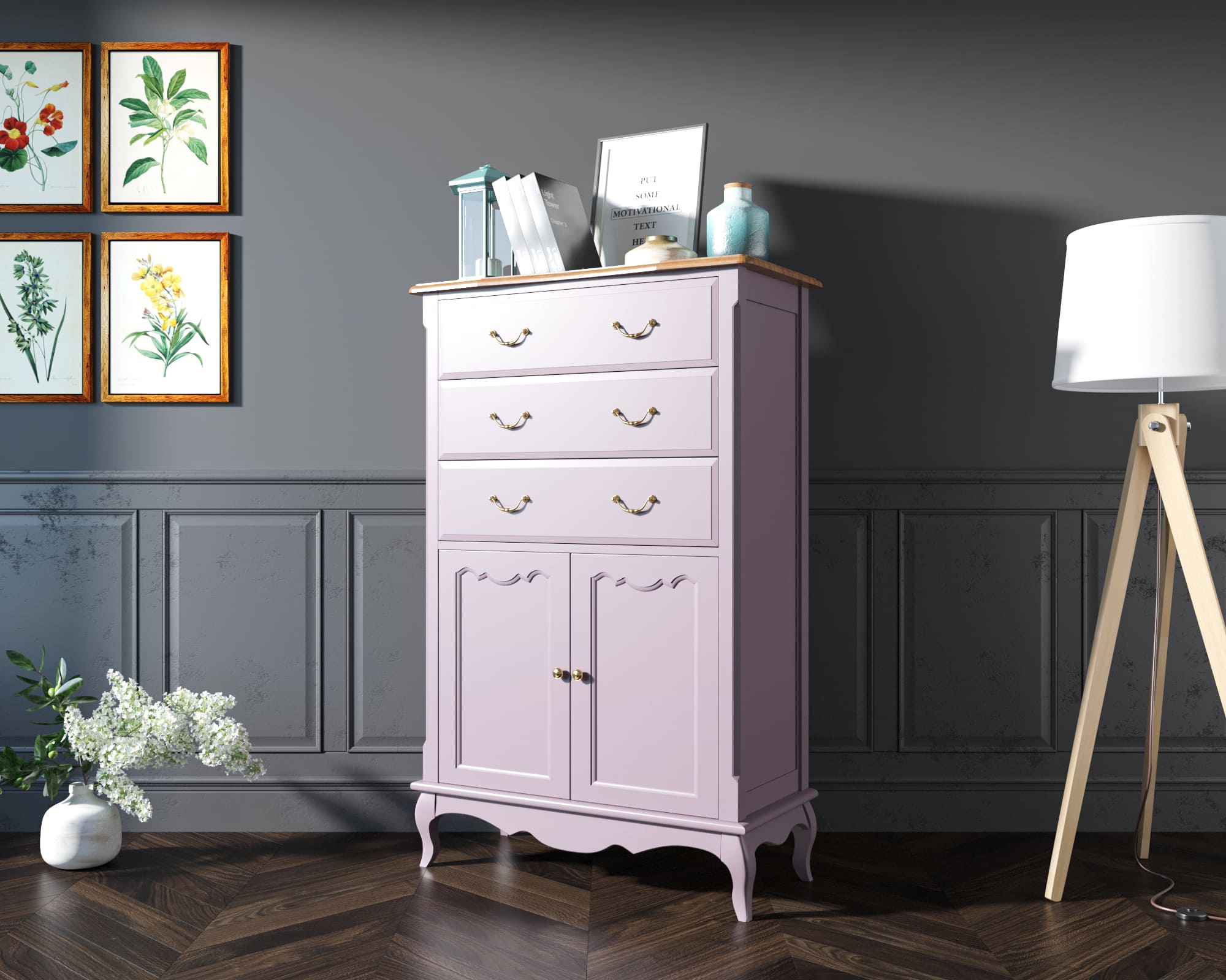 фото Комод Leontina Lavanda три ящика две дверки арт ST9354L в Москве фото Комод Leontina Lavanda три ящика две дверки арт ST9354L