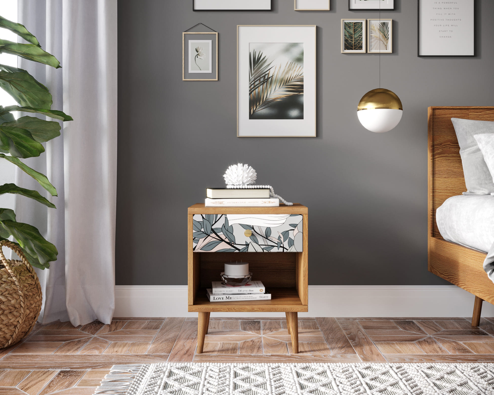 Тумбочка "Berber" с открытой полкой 50 принт арт BB33/Print_50, разноцветная в интерьере