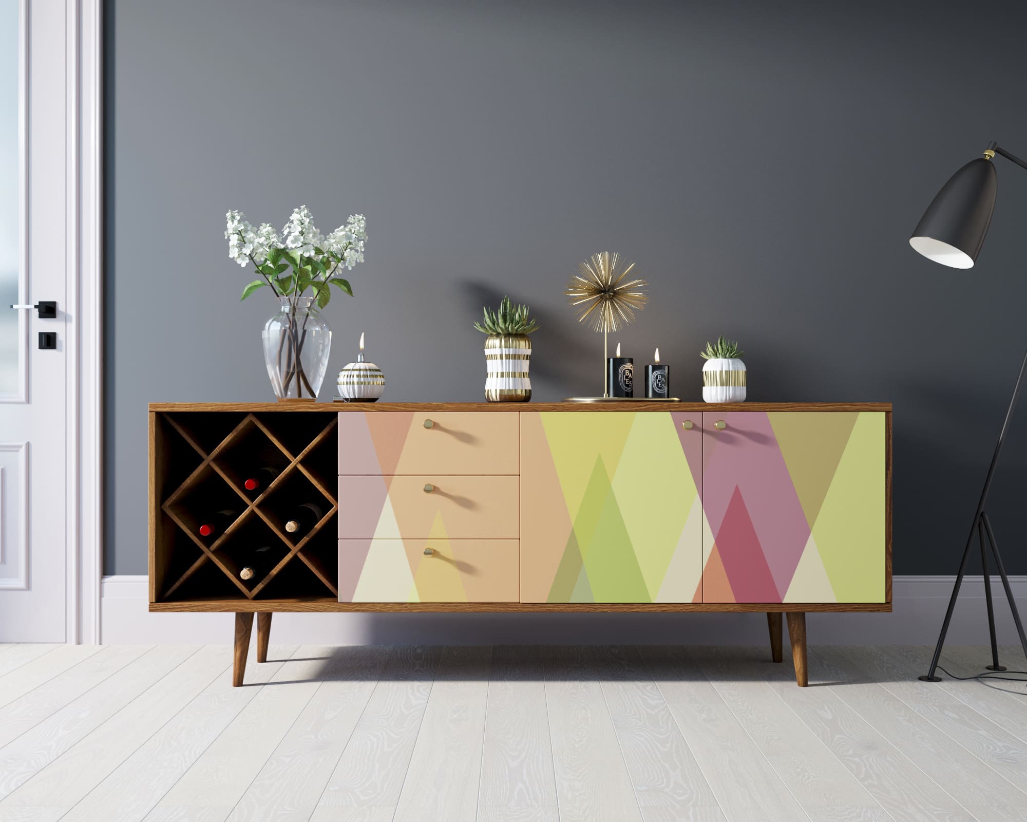 Комод "Berber" удлиненный с бутылочницей 16 принт арт BB15/Print_16 в интерьере