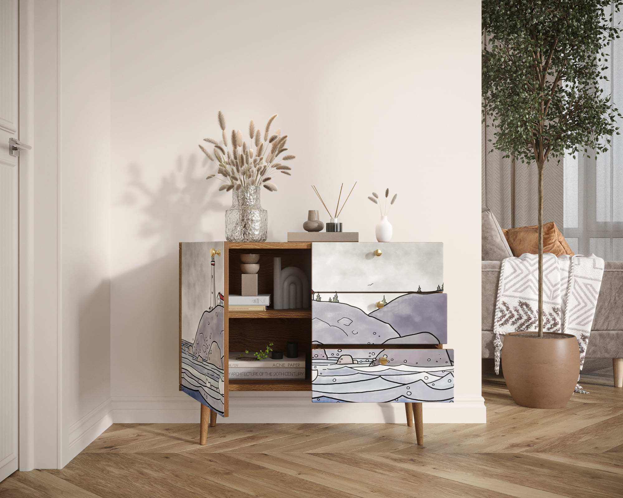 купить Комод "Berber" три ящика и дверка арт BB34/Print_51