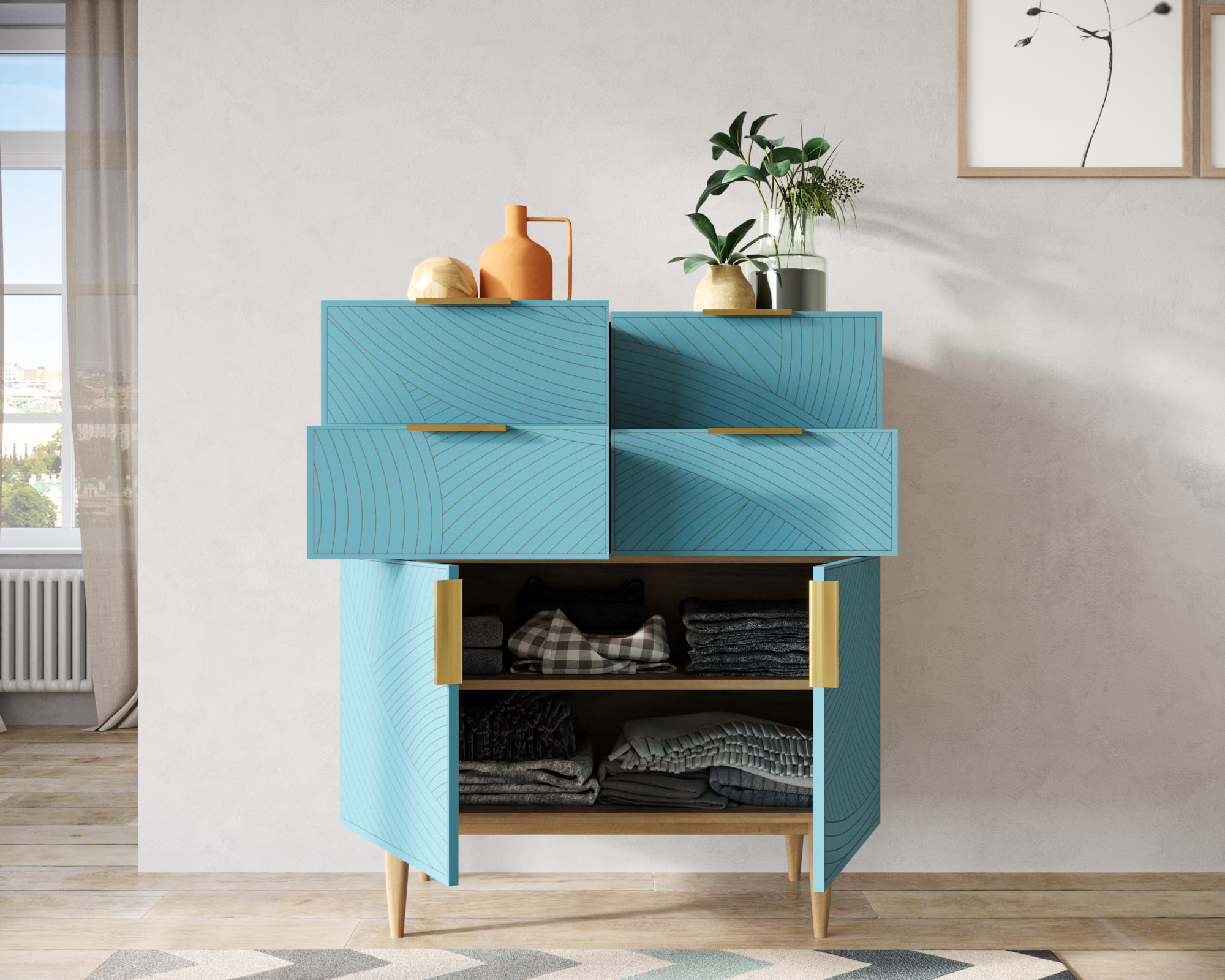 купить Большой комод с четырьмя ящиками и дверками "Line" LN17/GR1/blue