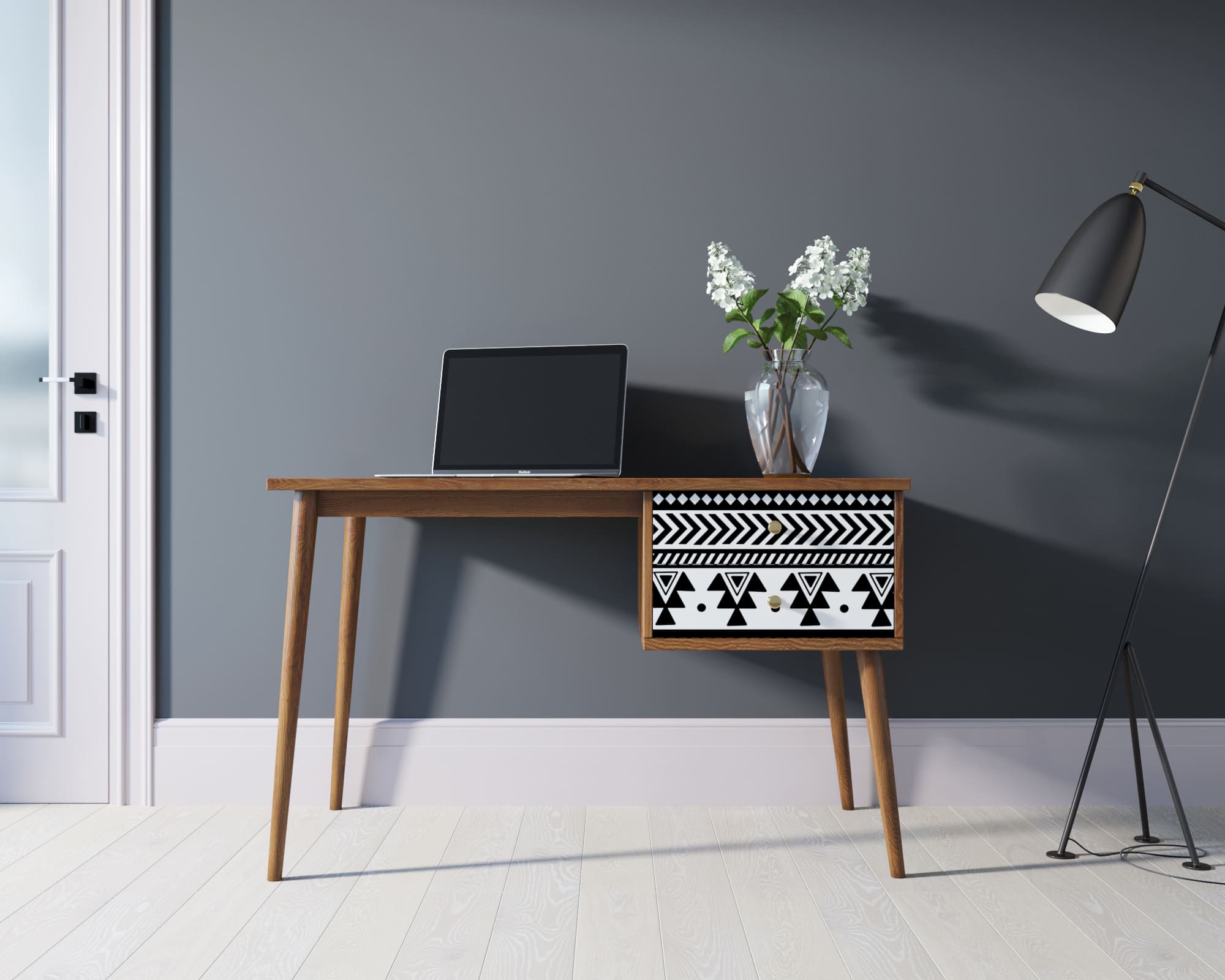 Стол рабочий "Berber" принт 19 с одной тумбой арт BB20/Print_19 в интерьере