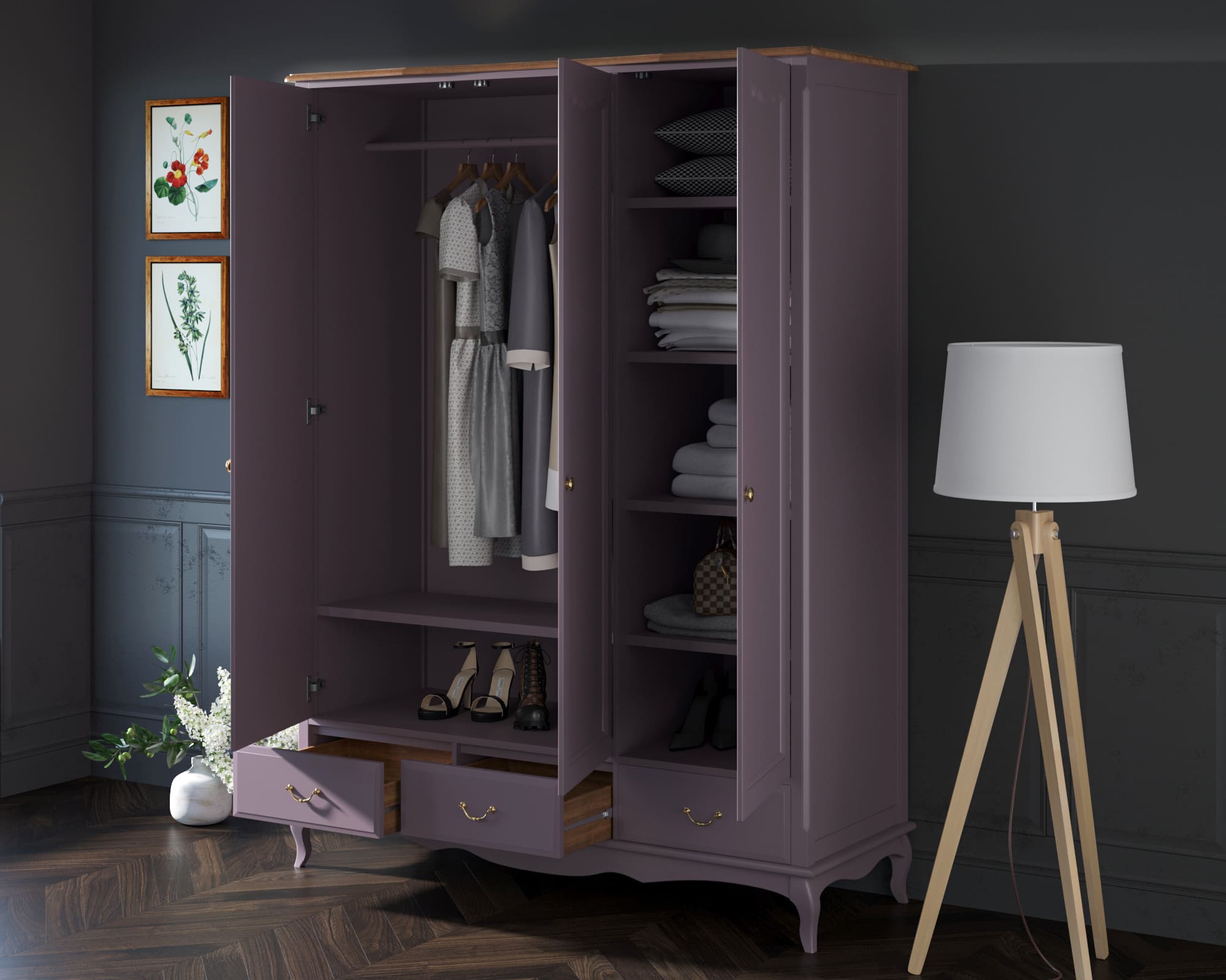 Шкаф Leontina Lavanda для одежды трехстворчатый с ящиками арт ST9327KR/3L в интернет-магазине в Москве Шкаф Leontina Lavanda для одежды трехстворчатый с ящиками арт ST9327KR/3L в интернет-магазине