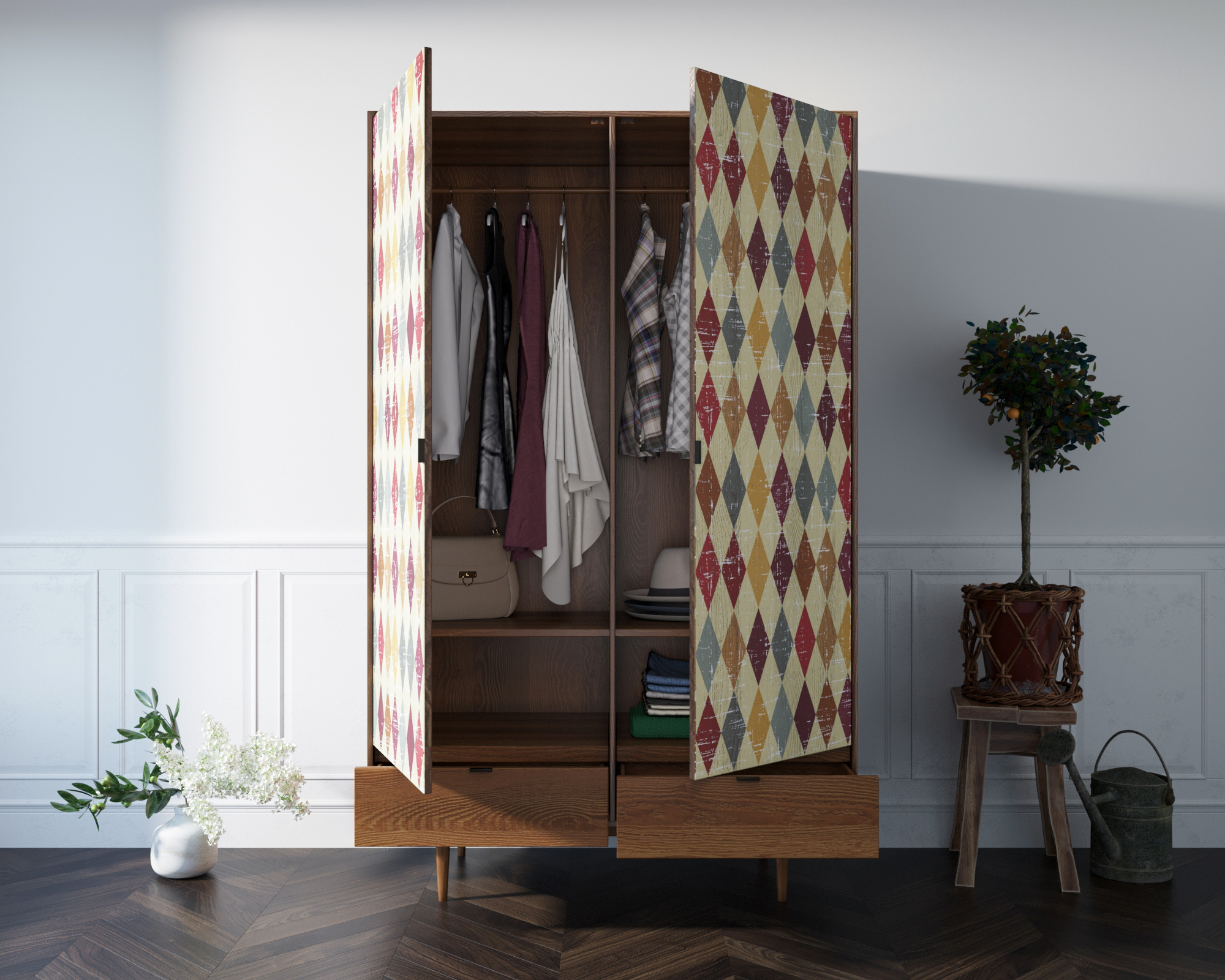 заказать Шкаф двустворчатый  "Bruni print" с двумя ящиками арт BR27/2P