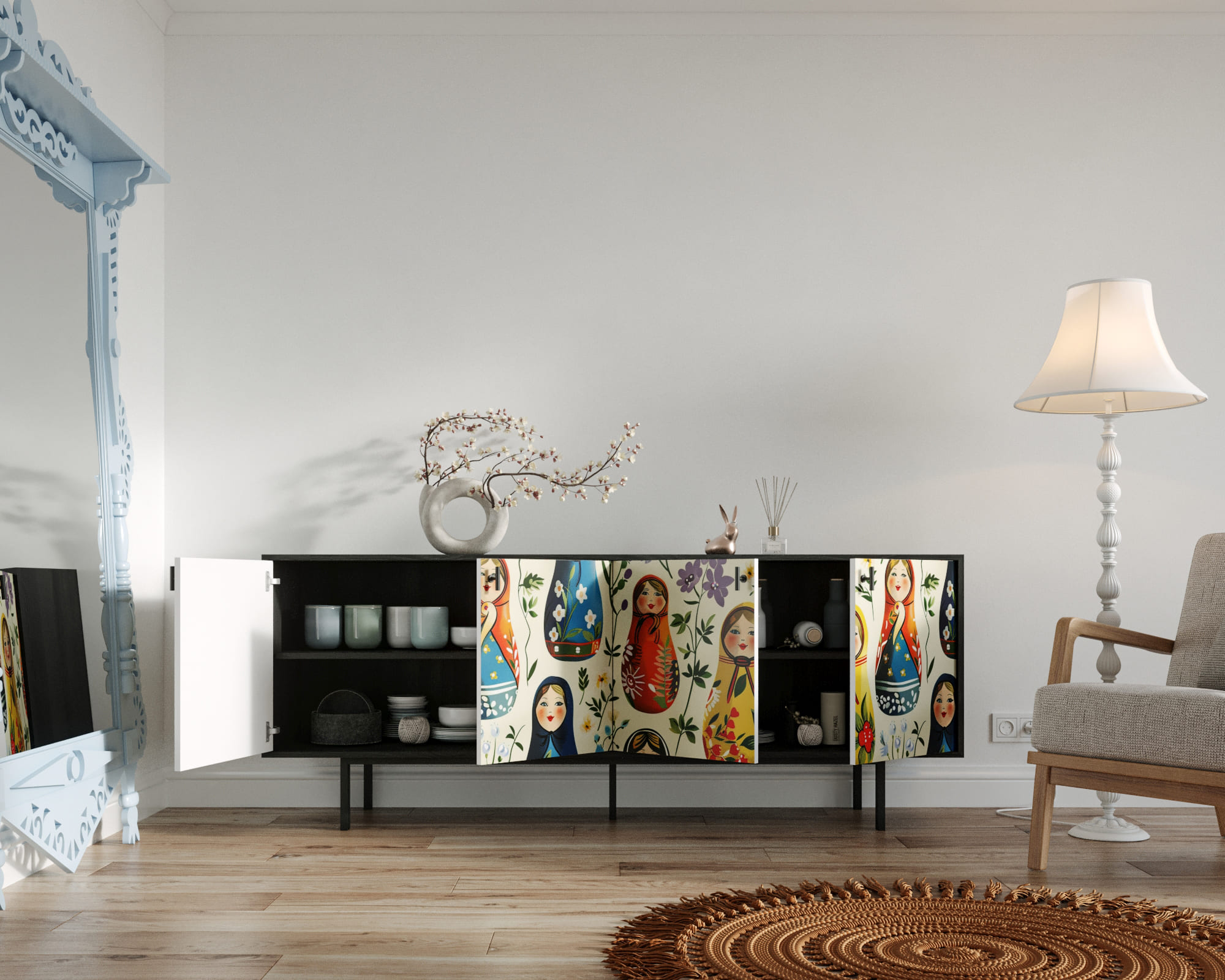 купить Комод с четыремя дверками "Emerson" Матрешки арт EM01/Art04 в Москве купить Комод с четыремя дверками "Emerson" Матрешки арт EM01/Art04