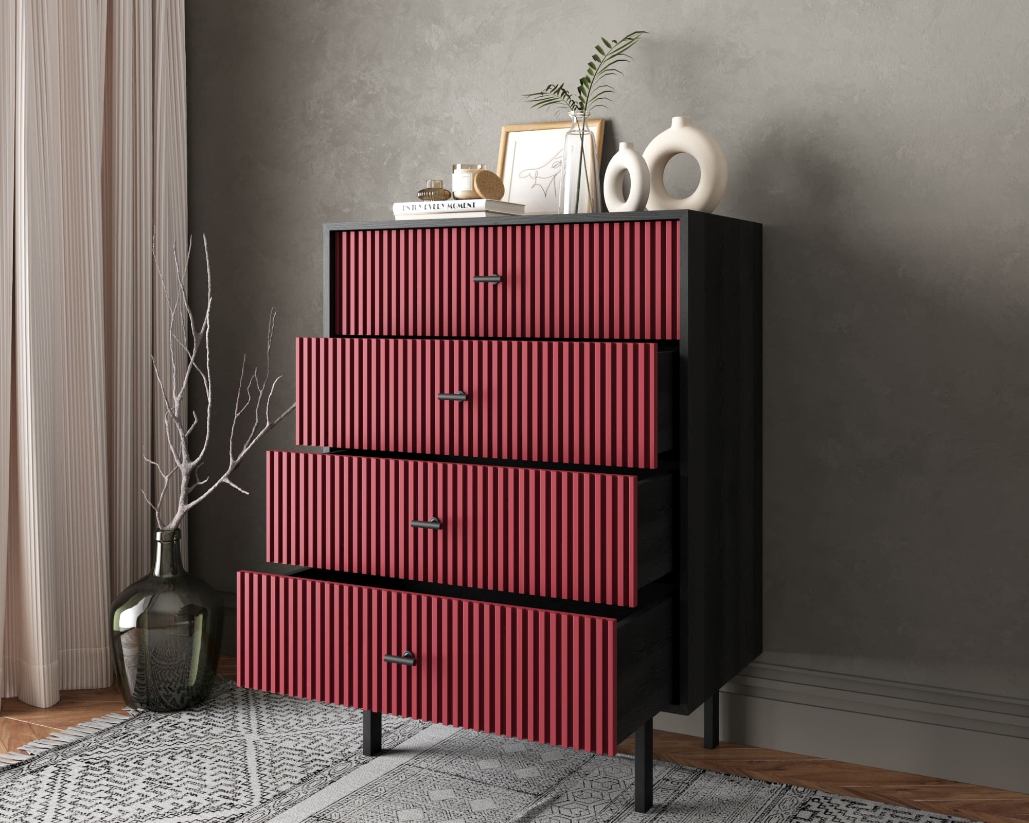 купить Комод вертикальный с четырьмя ящиками "Emerson" арт EM18/red/L в Москве купить Комод вертикальный с четырьмя ящиками "Emerson" арт EM18/red/L