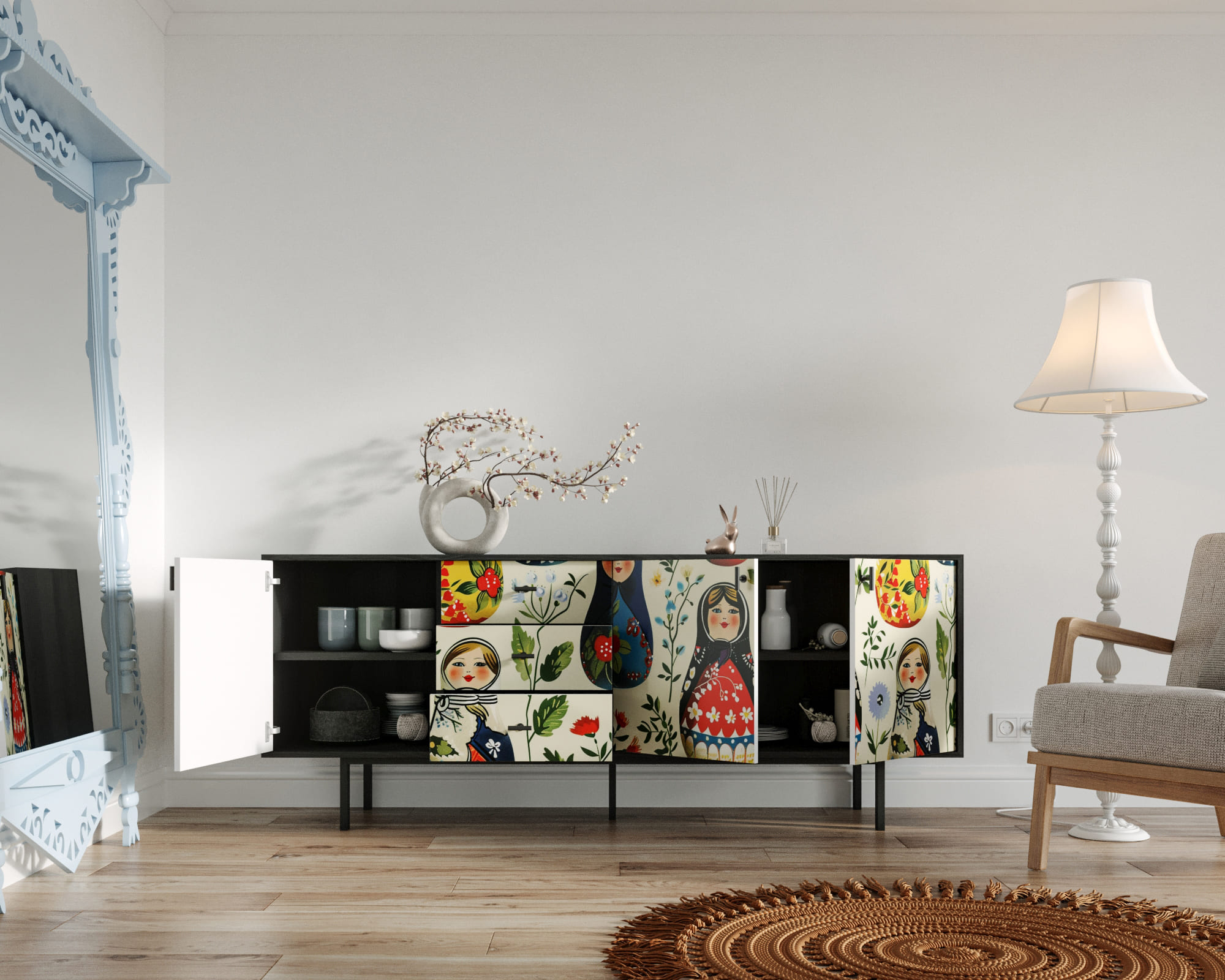 купить Комод с тремя дверками и тремя ящиками "Emerson" Матрешки арт EM07/Art04 в Москве купить Комод с тремя дверками и тремя ящиками "Emerson" Матрешки арт EM07/Art04