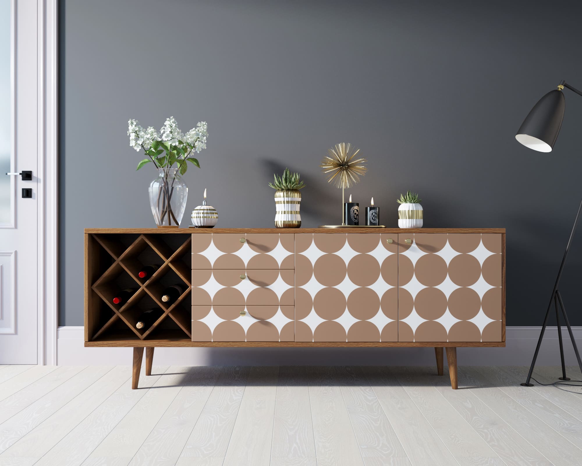 Комод "Berber" удлиненный с бутылочницей 17 принт арт BB15/Print_17 в интерьере