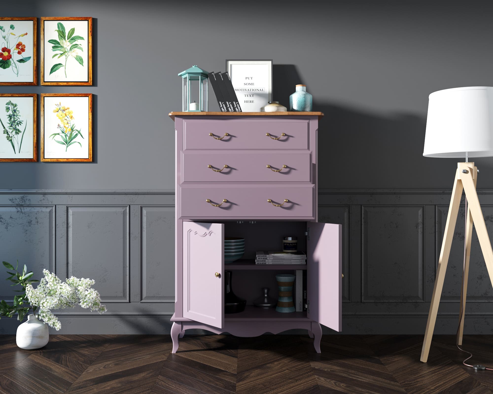 купить Комод Leontina Lavanda три ящика две дверки арт ST9354L в Москве купить Комод Leontina Lavanda три ящика две дверки арт ST9354L