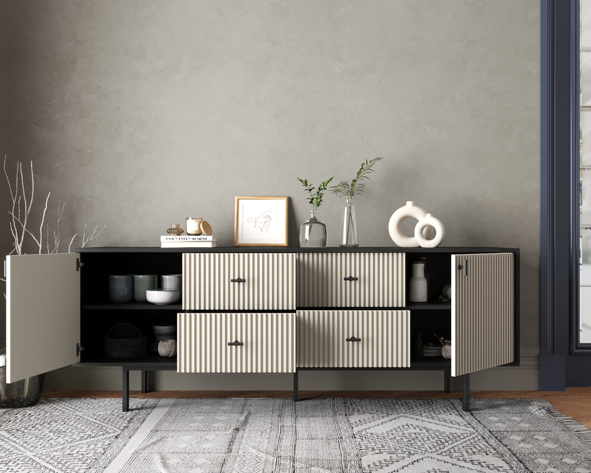 купить Комод две дверки и четыре ящика "Emerson" арт EM19/milky/L в Москве купить Комод две дверки и четыре ящика "Emerson" арт EM19/milky/L