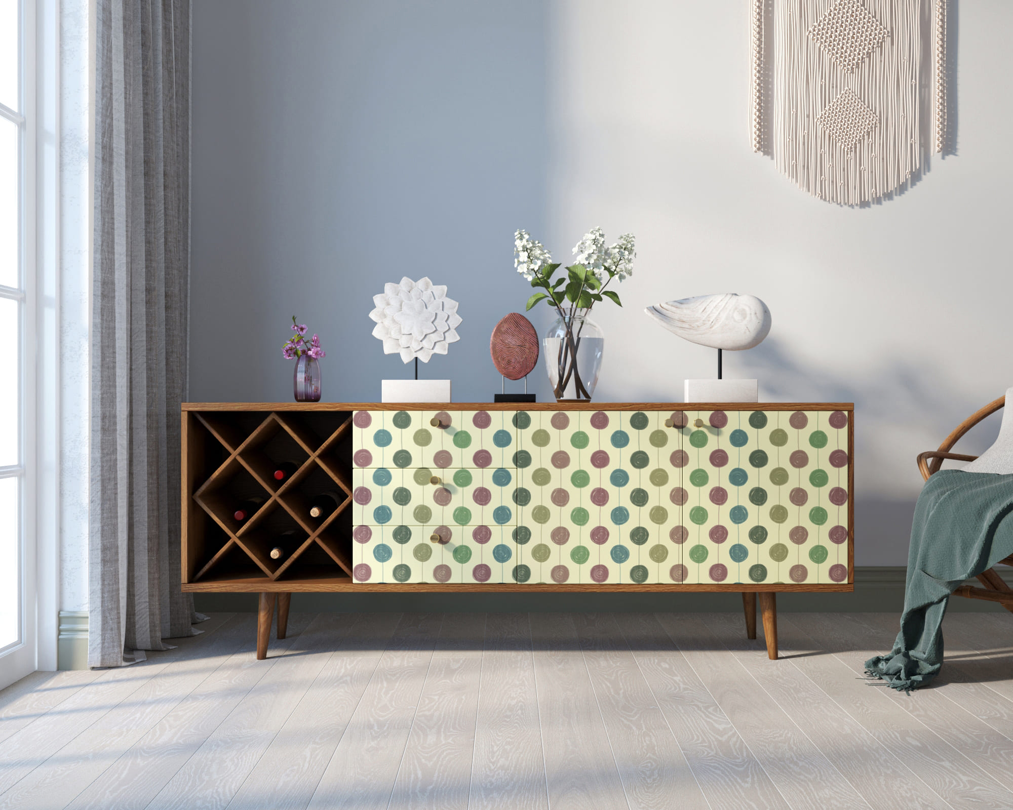 Комод "Berber" удлиненный с бутылочницей 24 принт арт BB15/Print_24 в интерьере