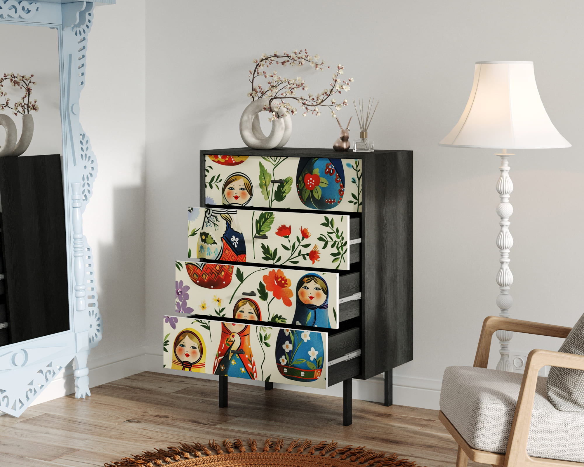 купить Комод вертикальный с четырьмя ящиками "Emerson" Матрешки арт EM18/Art04 в Москве купить Комод вертикальный с четырьмя ящиками "Emerson" Матрешки арт EM18/Art04