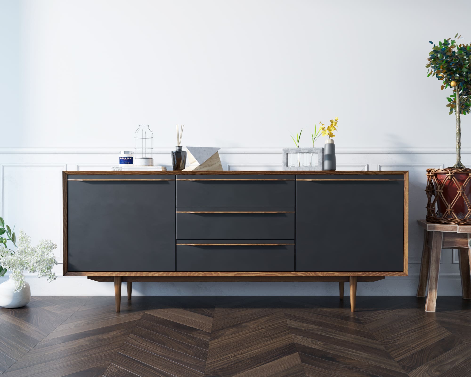 фото Комод "Brun Black" с тремя ящиками и дверками арт BR-03/Black в интерьере