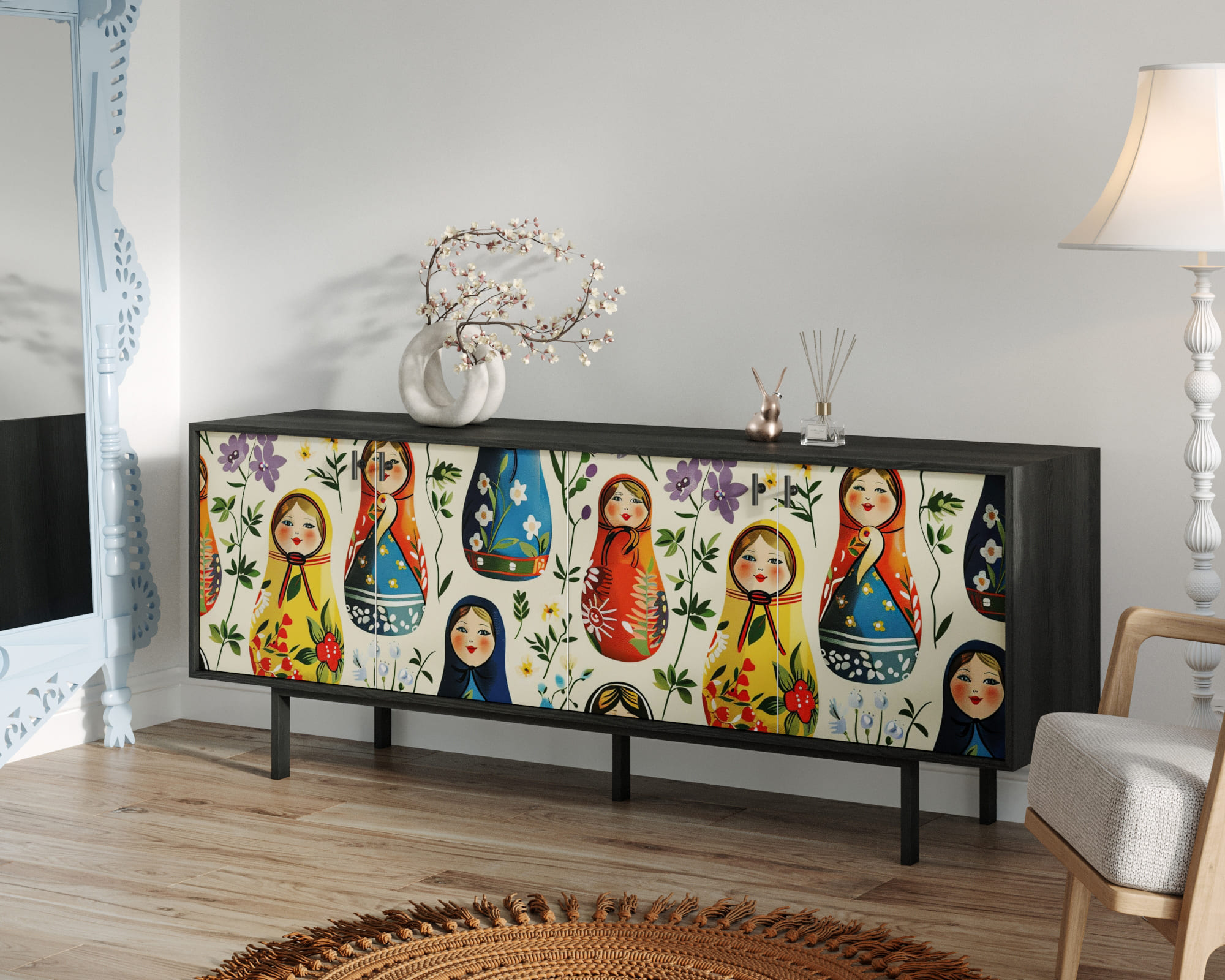 заказать Комод с четыремя дверками "Emerson" Матрешки арт EM01/Art04 в Москве заказать Комод с четыремя дверками "Emerson" Матрешки арт EM01/Art04