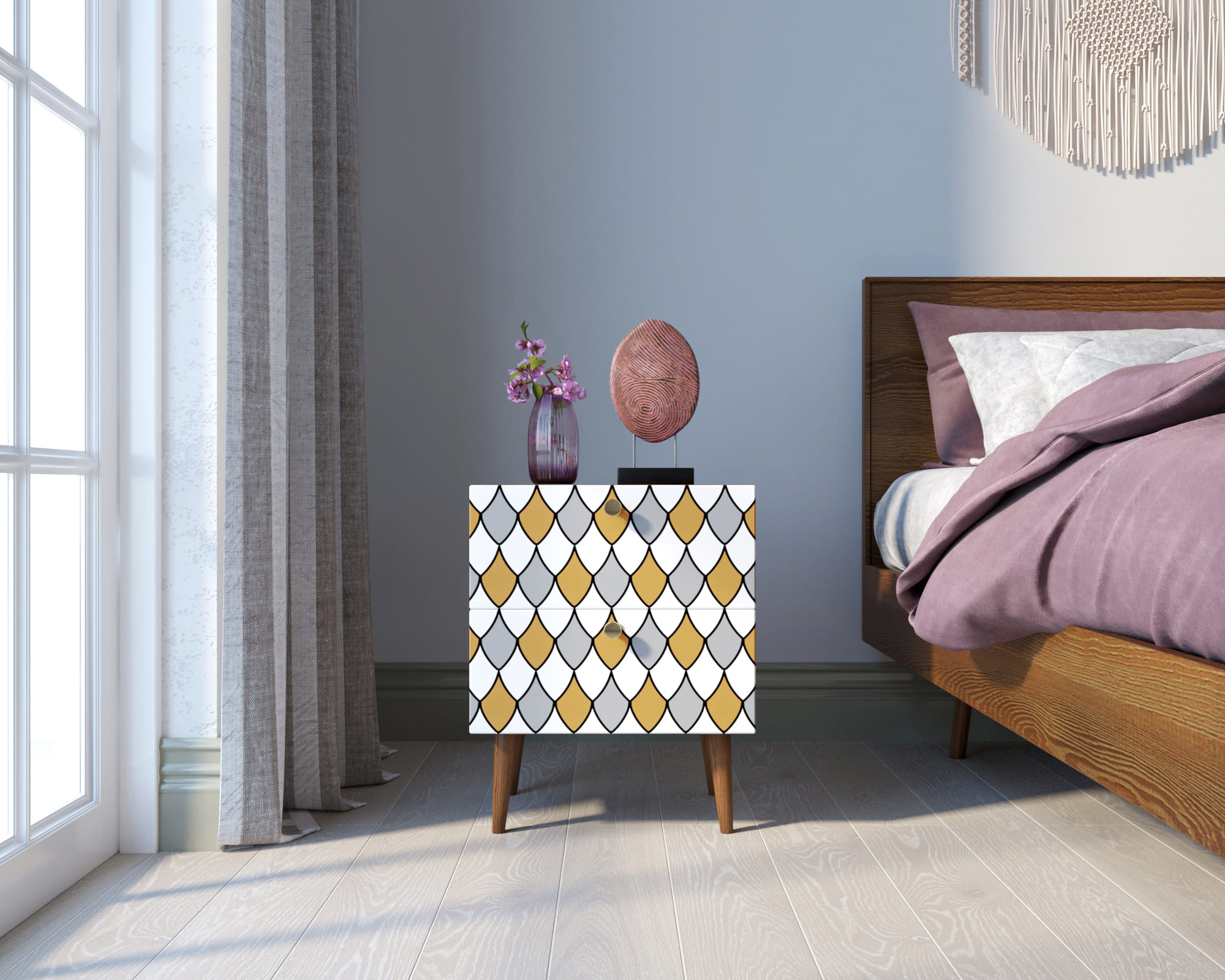 Тумбочка "Berber" с двумя ящиками 22 принт арт BB03/Print_22, разноцветная в интерьере