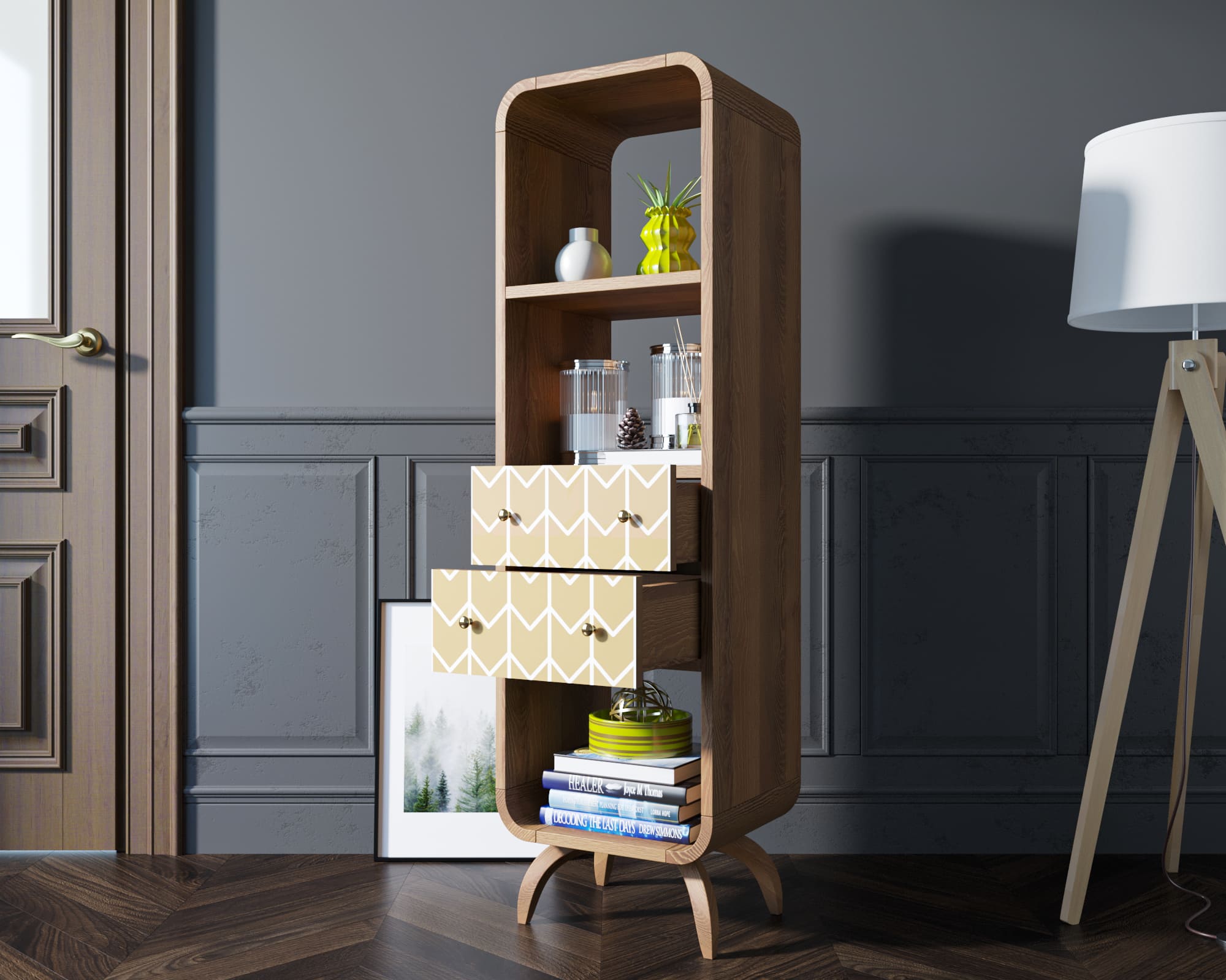 купить Стеллаж "Ellipse print" узкий с ящиками принт 1 арт EL17/print_01 в Москве купить Стеллаж "Ellipse print" узкий с ящиками принт 1 арт EL17/print_01