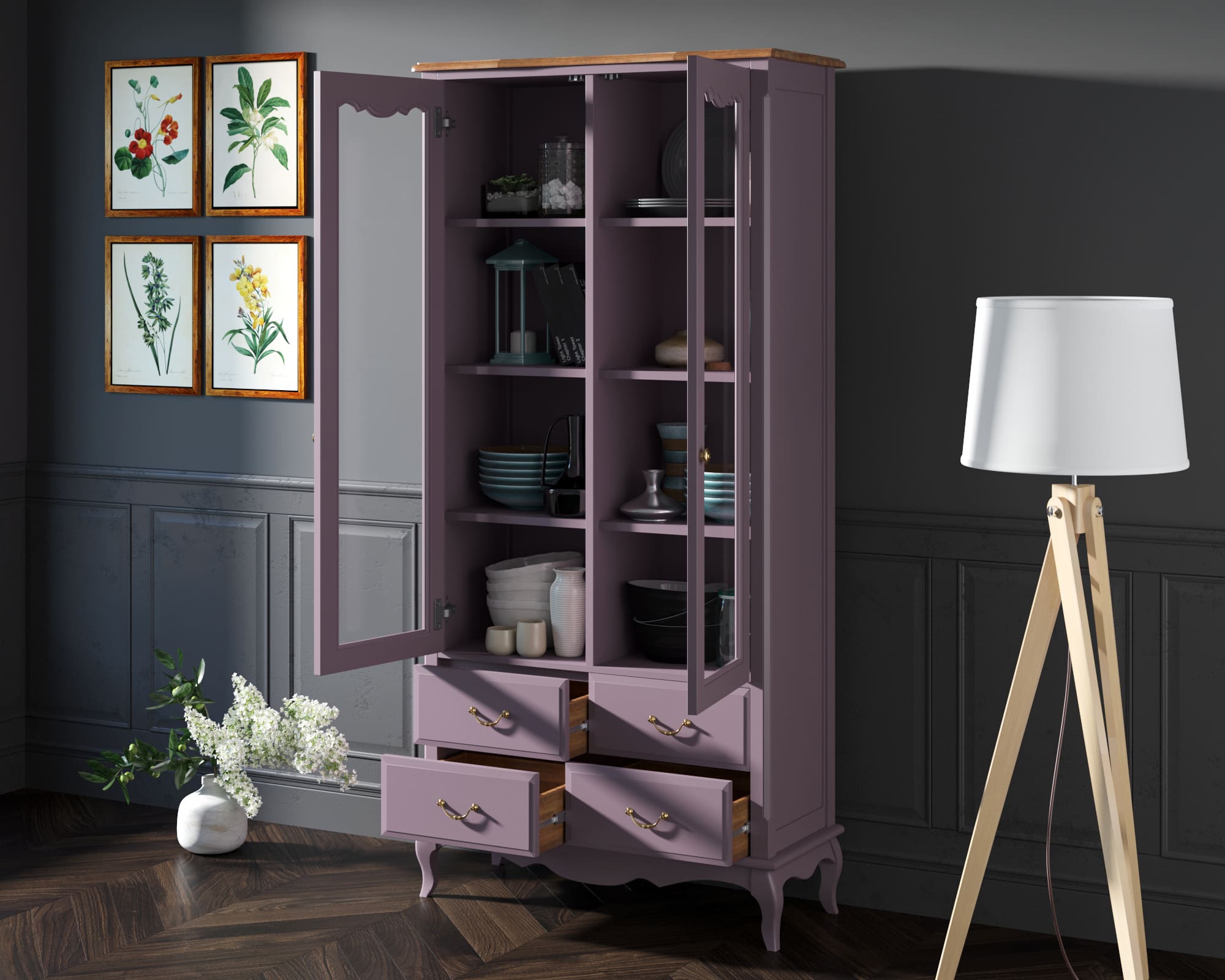 Шкаф Leontina Lavanda для посуды высокий 4 ящика  арт ST9355/4L в интернет-магазине