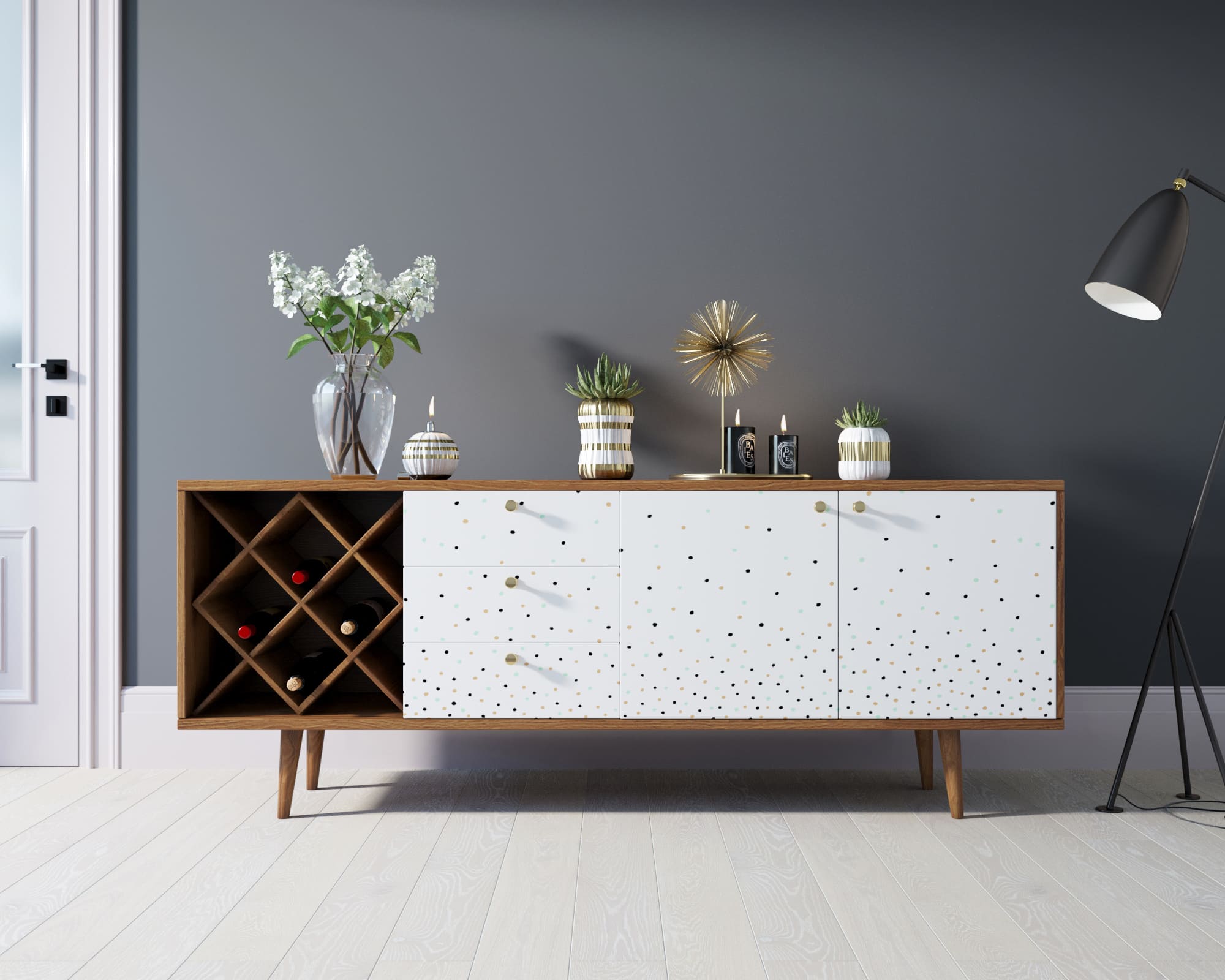 Комод "Berber" удлиненный с бутылочницей 15 принт арт BB15/Print_15 в интерьере