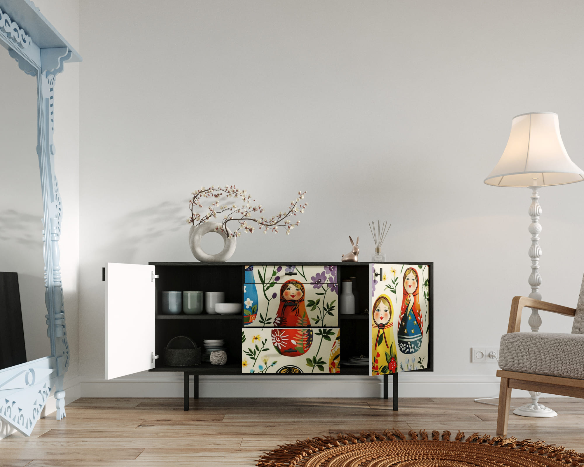 купить Комод две дверки и три ящика "Emerson" Матрешки арт EM08/Art04