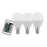Лампа светодиодная диммируемая RGB с пультом упр-я P45, 3х4W (E14), 3000K, 300lm, 3 шт. в комп