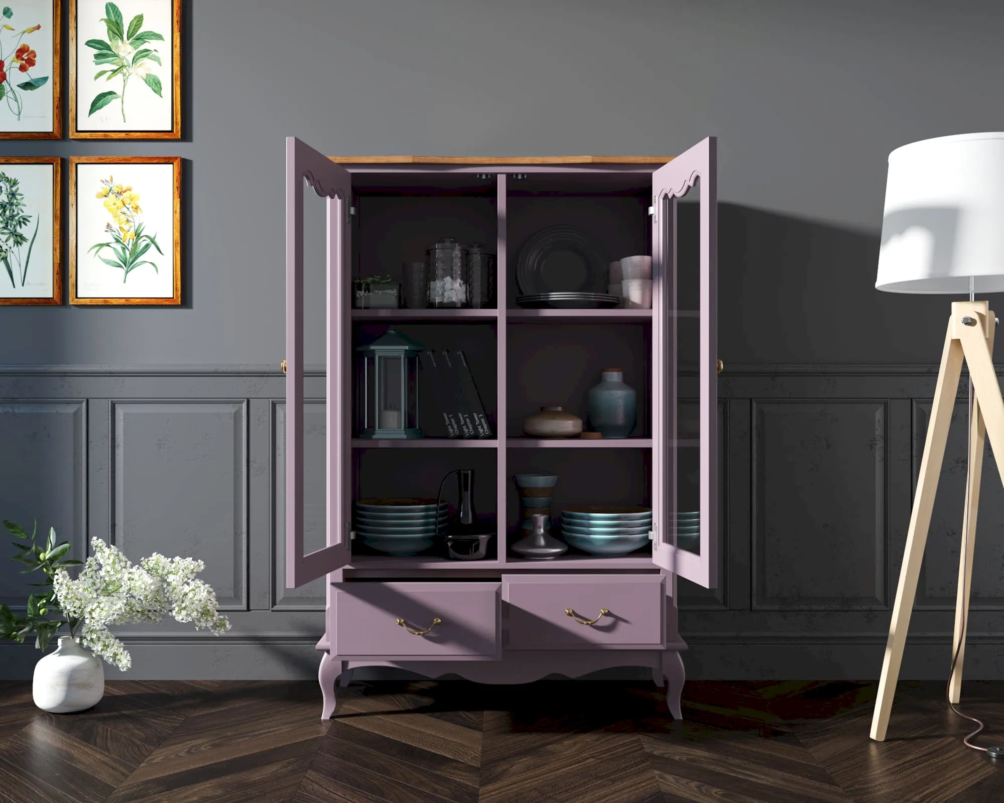 купить Шкаф "Леонтина (Leontina)" в лавандовом цвете для посуды низкий с ящиками арт ST9355/2L в Москве купить Шкаф "Леонтина (Leontina)" в лавандовом цвете для посуды низкий с ящиками арт ST9355/2L