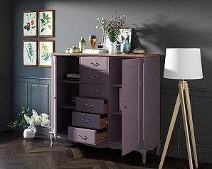 Комод Leontina Lavanda с шестью ящиками и дверками арт ST9350L в интерьере