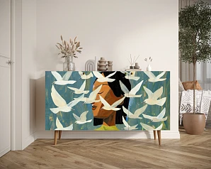 Комод с тремя дверками "Девушка и чайки" арт BB01/Art05 на заказ в интернет-магазине